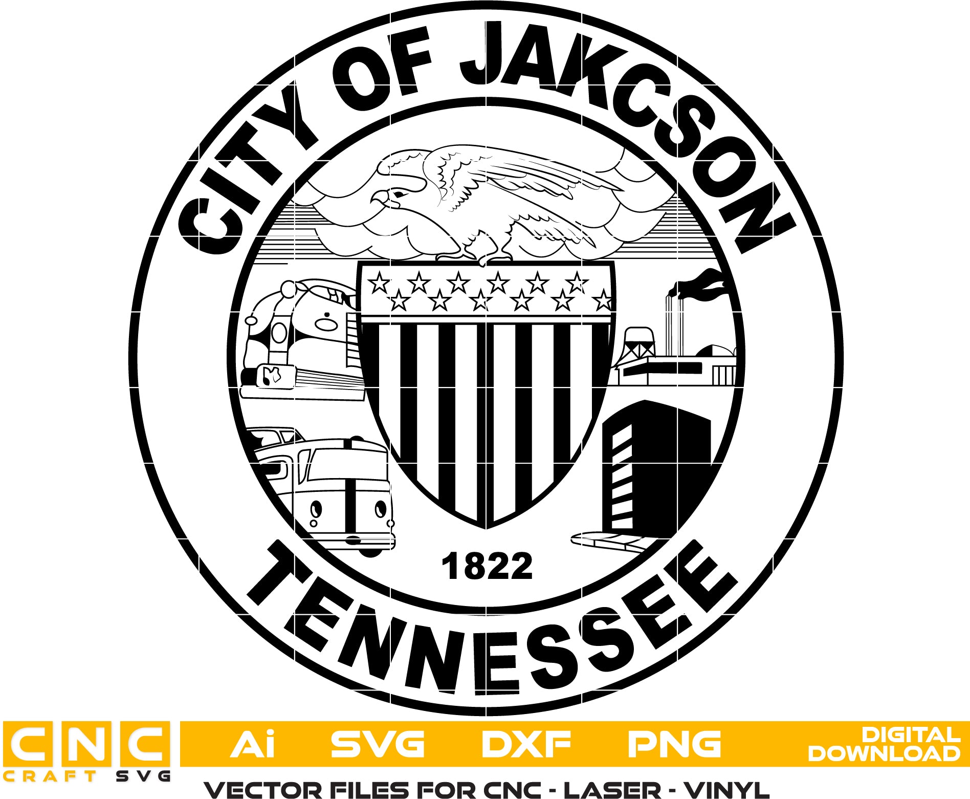 City of Jackson Seal, Tennessee Vector art Svg/ Dxf/ Jpg/ Png/ and Ai files For laser engraving/ woodworking/ acrylic painting and all printing machines.