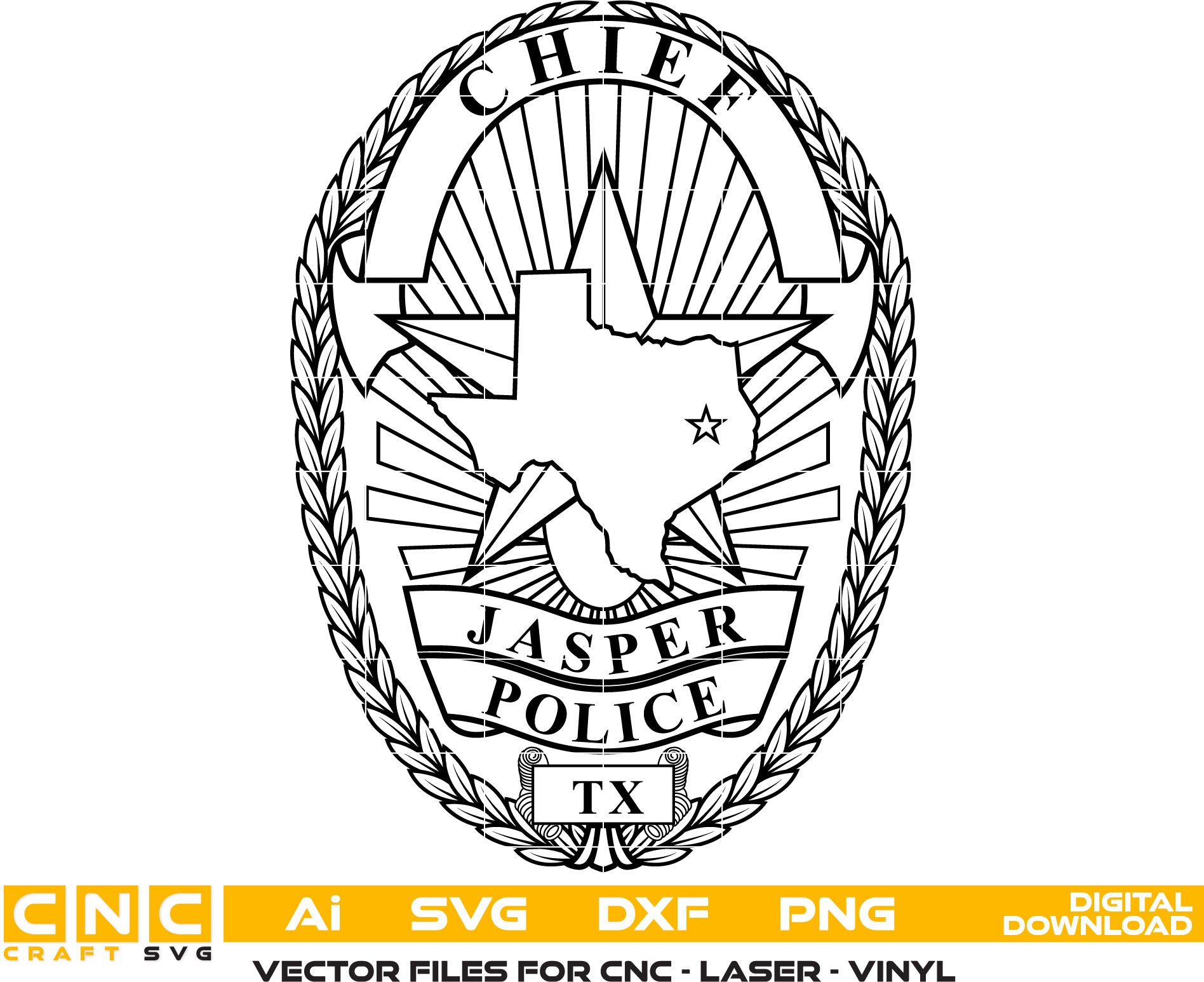 City of Jasper Police Chief Badge Vector Art, Ai,SVG, DXF, PNG, Digital Files for Laser Engraving, Woodworking & Printing