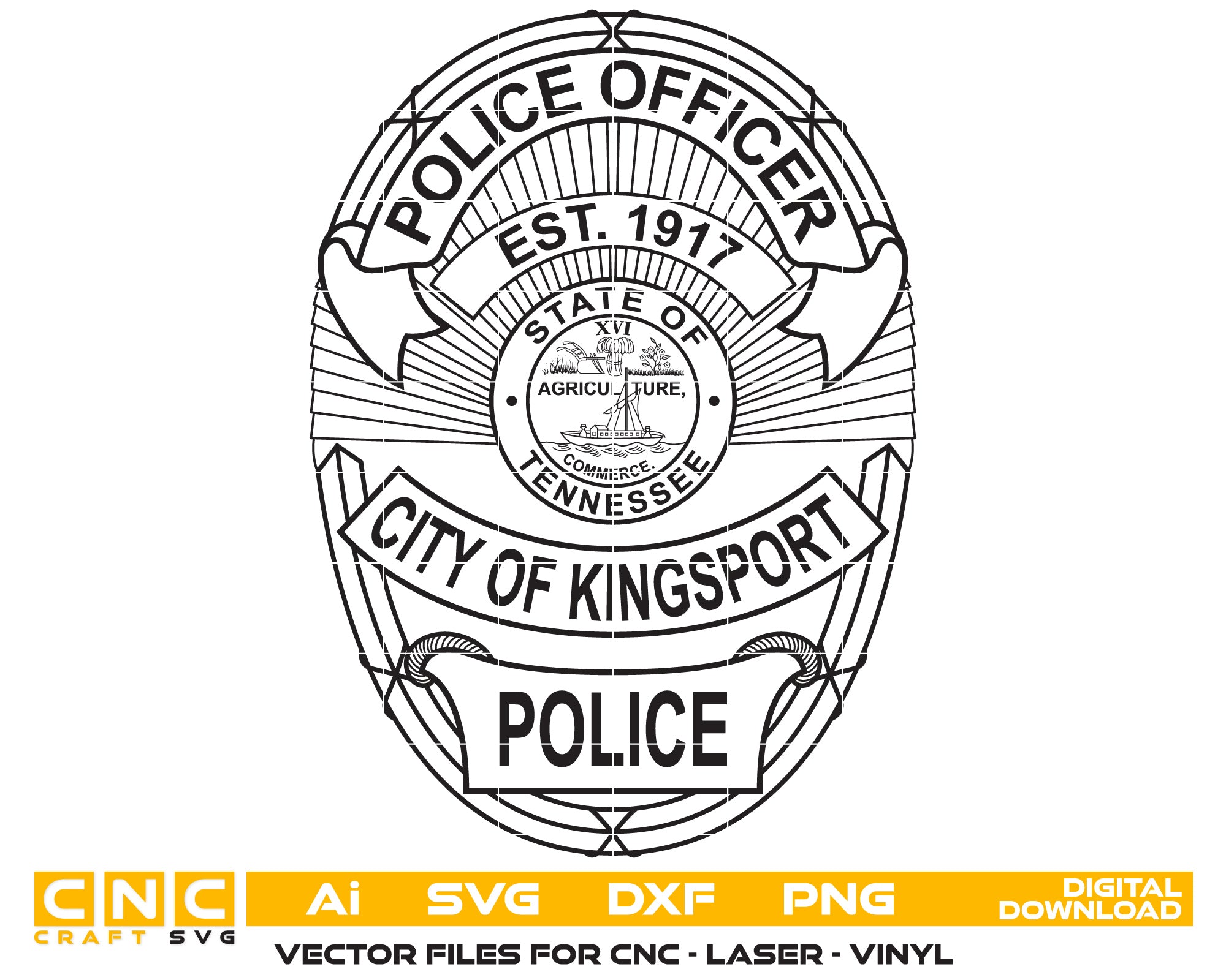 City of Kingsport Tennessee Police Officer Badge Vector Art, Ai,SVG, DXF, PNG, Digital Files