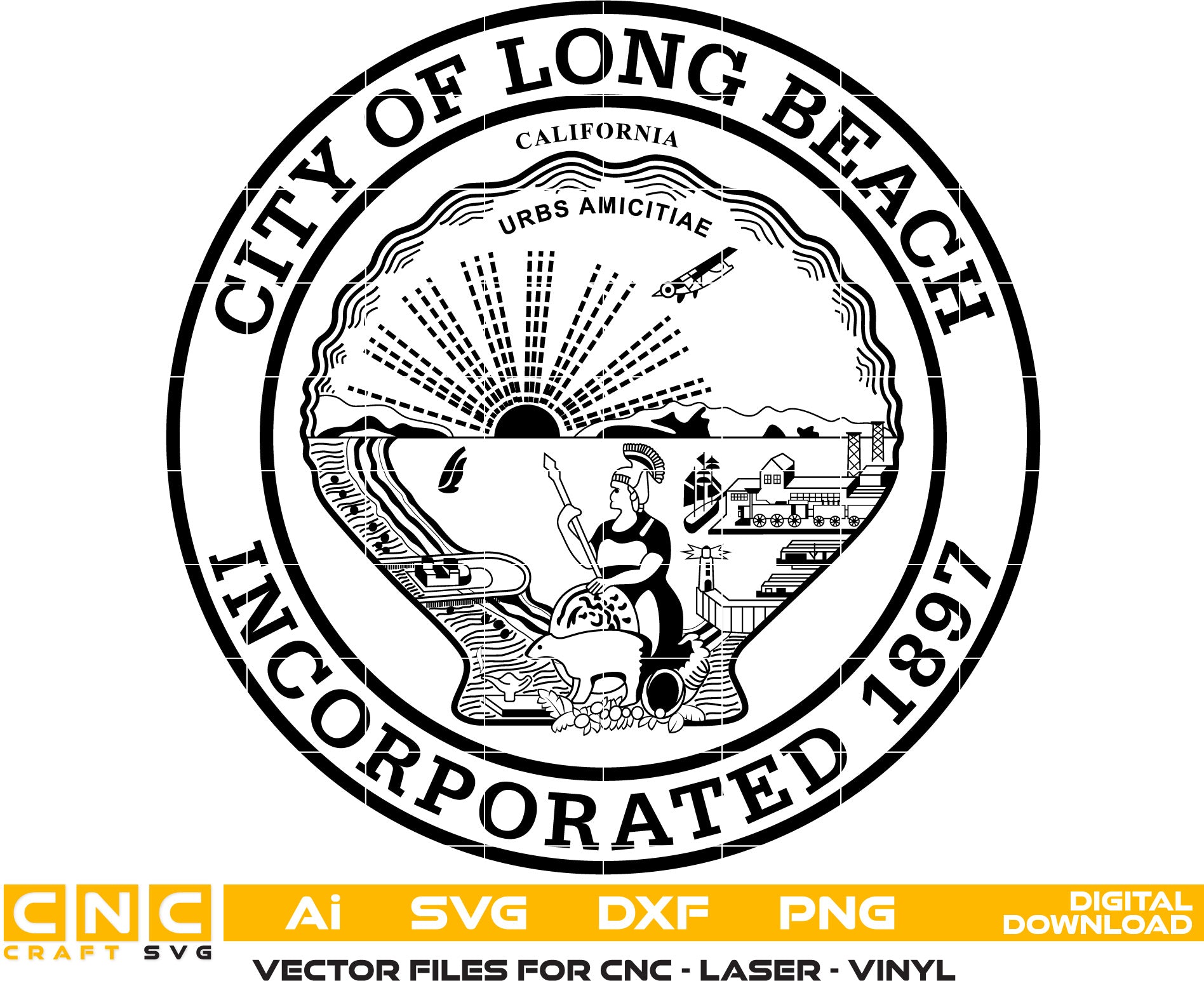 City of Long Beach Seal Vector art Svg, Dxf, Jpg, Png and Ai files For laser engraving, woodworking, acrylic painting, and all printing machines.