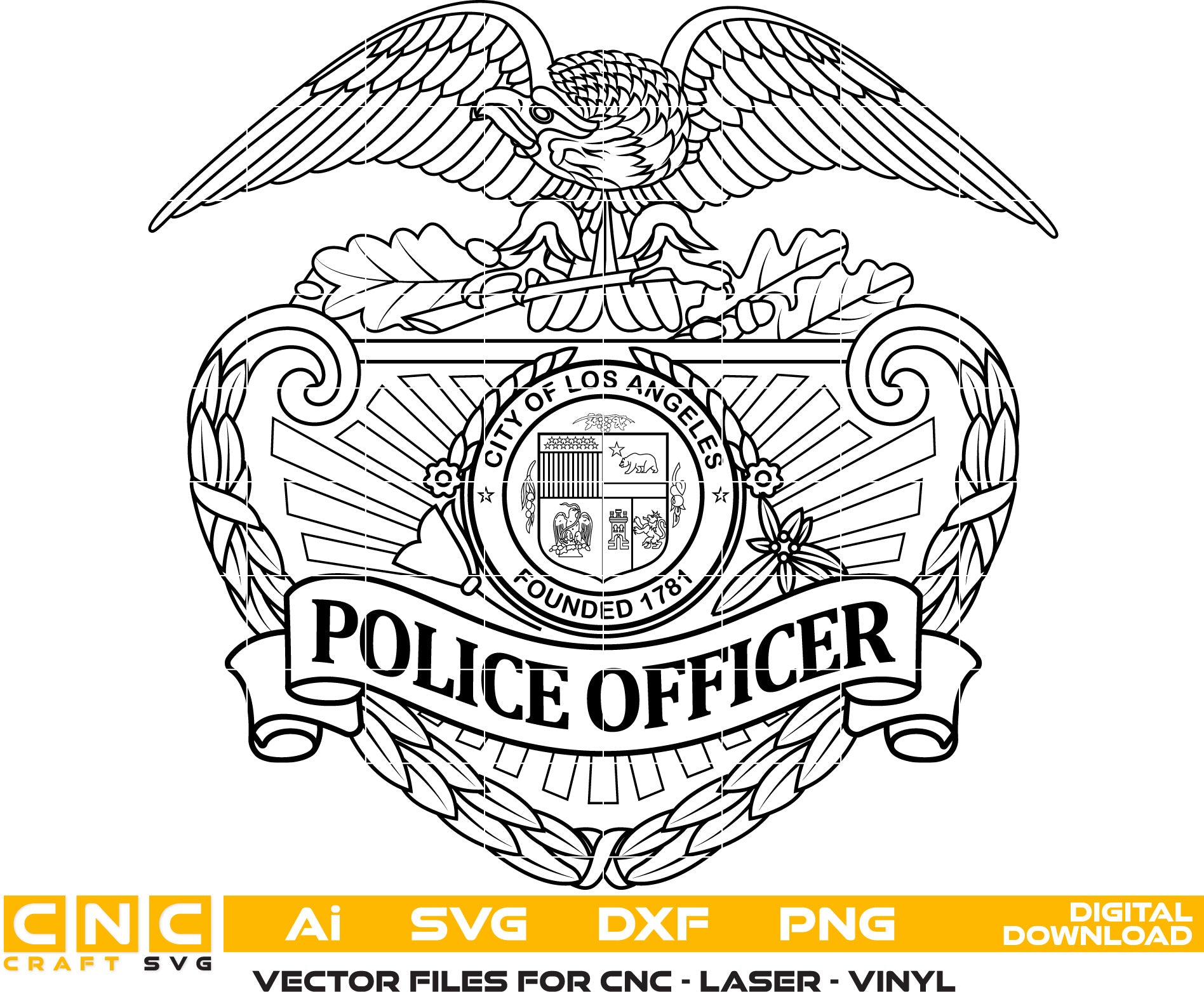 City of Los Angeles Police Officer Badge Vector art Svg, Dxf, Jpg, Png, and Ai files For laser engraving, woodworking, acrylic painting, and all printing machines.