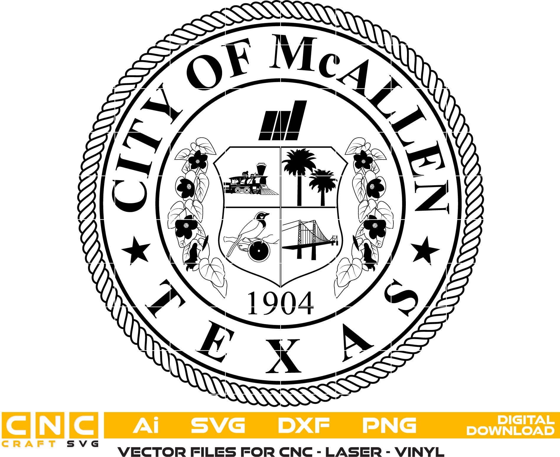 City of McAllen Seal, Texas Seal Vector Art, City of McAllen Logo Vector art Svg, Dxf, Jpg, Png & Ai files For laser engraving, woodworking, acrylic painting, and all printing machines.