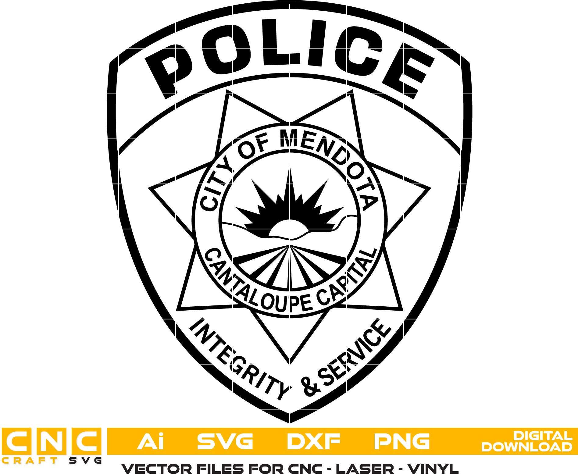 City of Mendota Police Badge Vector art Svg, Dxf, Jpg, Png, and Ai files For laser engraving, woodworking, acrylic painting, and all printing machines.