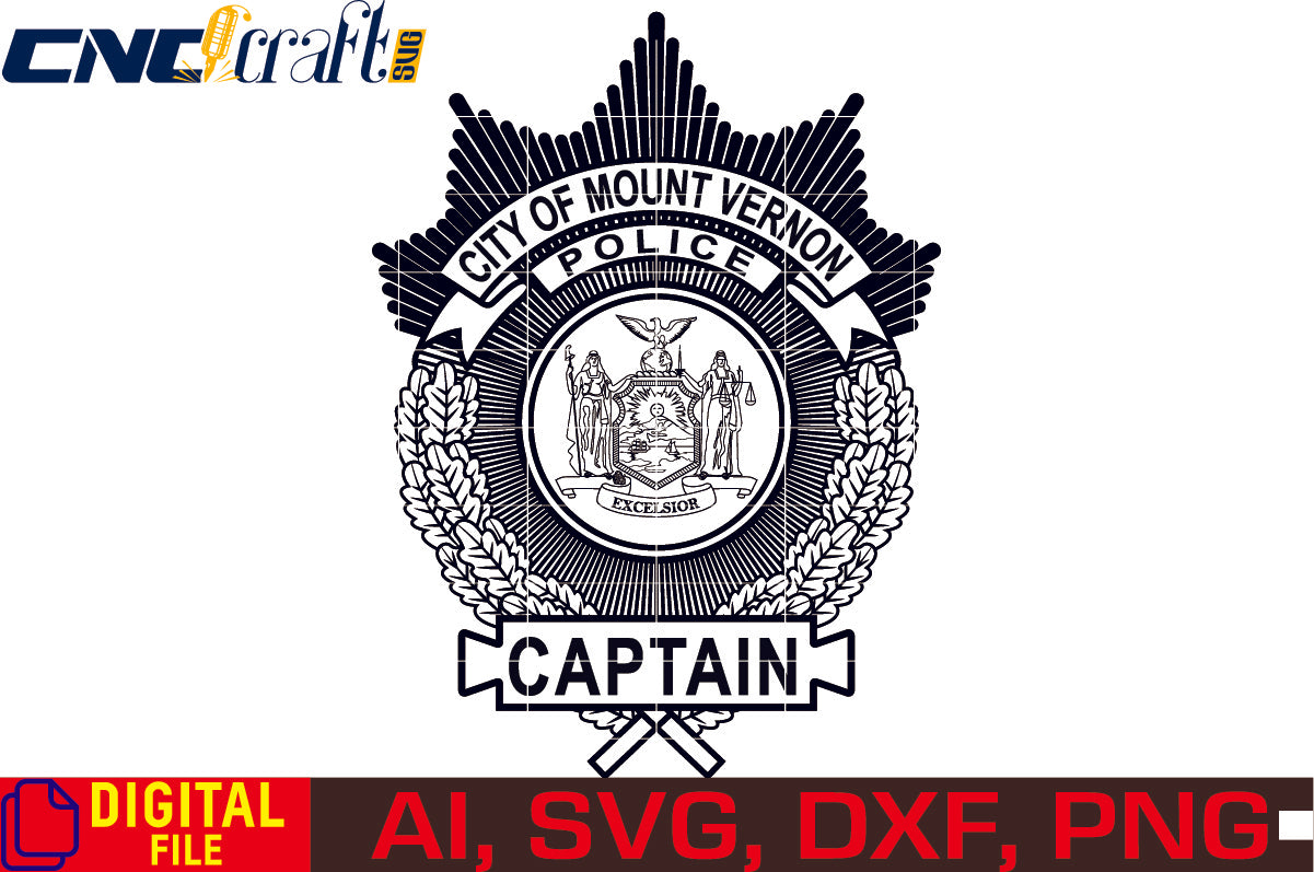 City of Mount Vernon Police Captain Badge vector file for Laser Engraving, Woodworking, CNC Router, vinyl, plasma, Xcarve, Vcarve, Cricut, Ezecad etc.