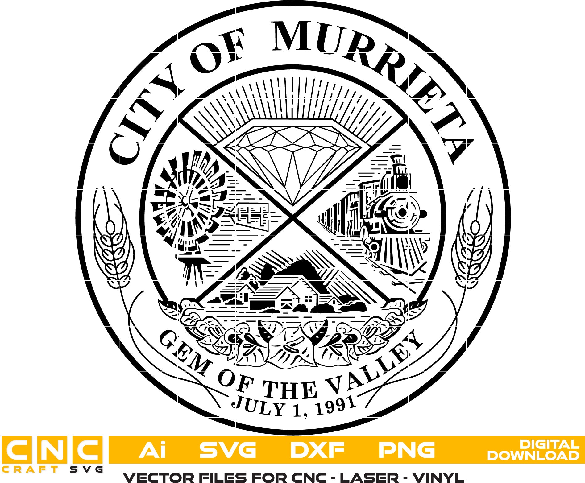 City of Murrieta Seal Vector art Svg, Dxf, Jpg, Png, and Ai files For laser engraving, woodworking, acrylic painting, and all printing machines.