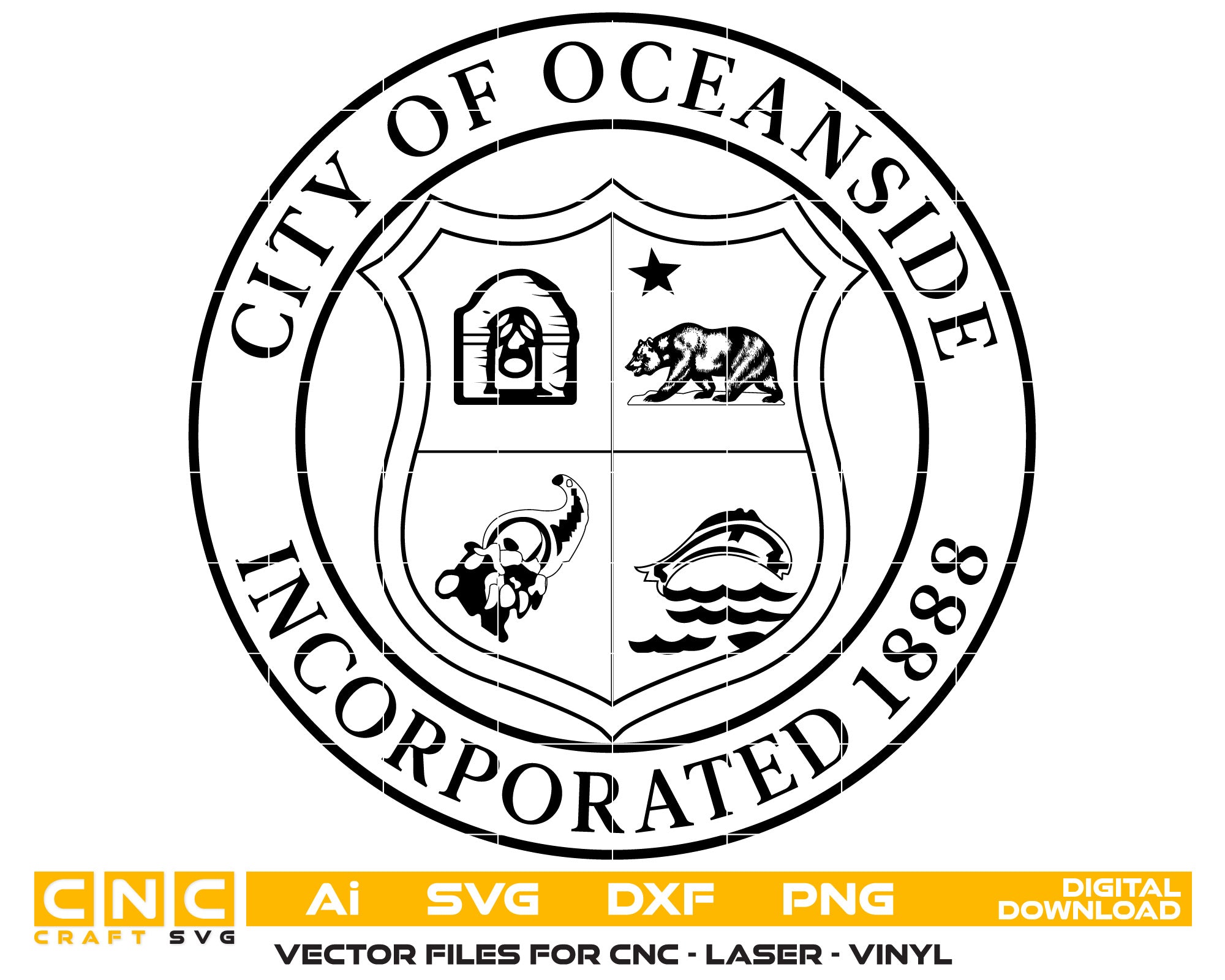 City of Oceanside Seal Vector art Svg, Dxf, Jpg, Png, and Ai files For laser engraving, woodworking, acrylic painting, and all printing machines.