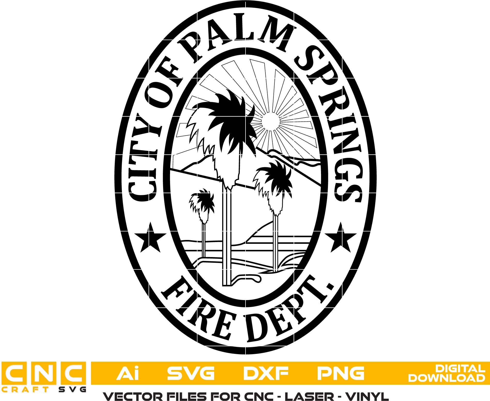 City of Palm Spring Fire Dept Badge, California Fire Dept Badge Vector art Svg, Dxf, Jpg, Png and Ai files For laser engraving, woodworking, acrylic painting, and all printing machines.