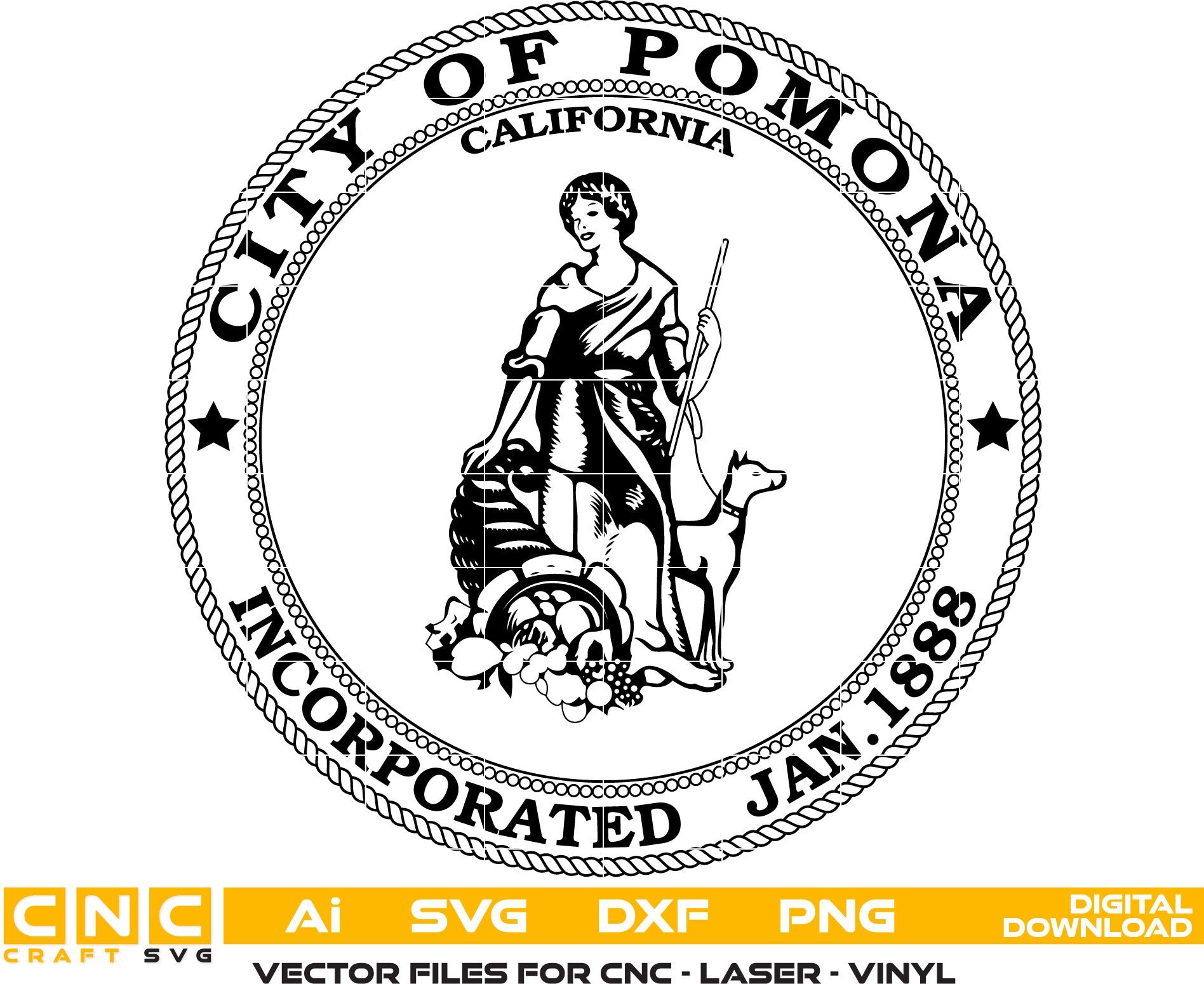 City of Pomona Seal, California Seal Vector art Svg, Dxf, Jpg, Png and Ai files For laser engraving, woodworking, acrylic painting, and all printing machines.