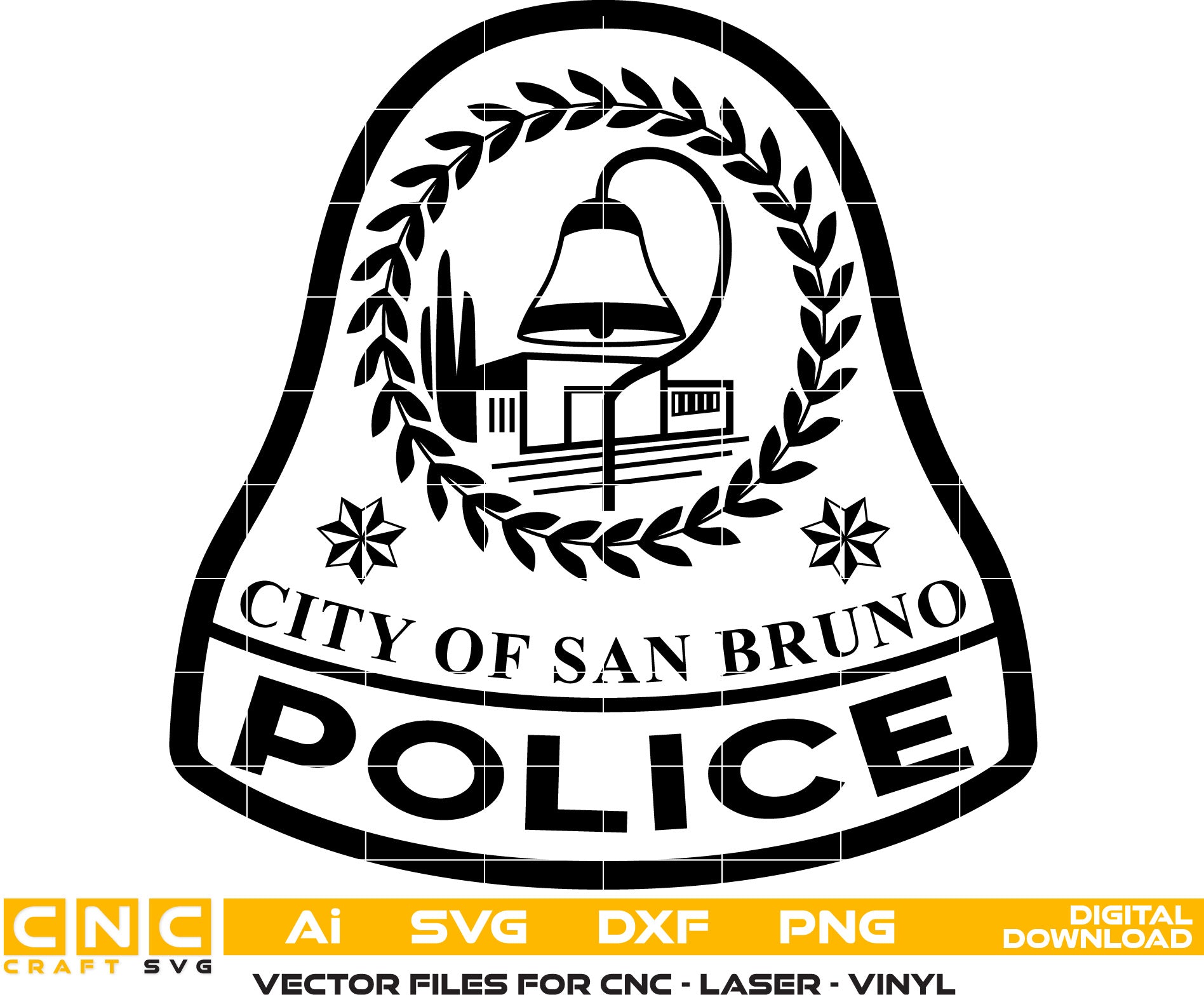 City of San Bruno Police Badge Vector art Svg, Dxf, Jpg, Png, and Ai files For laser engraving, woodworking, acrylic painting, and all printing machines.