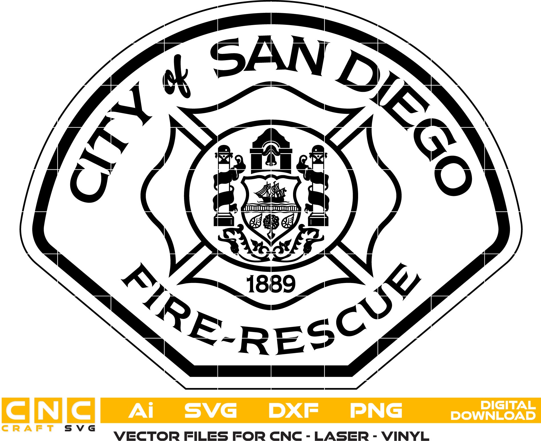 City of San Diego Fire Rescue Badge, Fire dept. Badge Vector art Svg, Dxf, Jpg, Png and Ai files For laser engraving, woodworking, acrylic painting, and all printing machines.