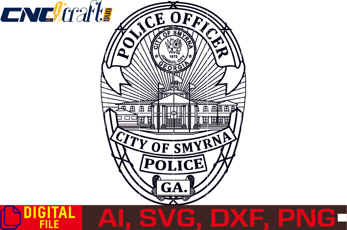 City of Smyrna Police Officer Badge vector file for Laser Engraving, Woodworking, CNC Router, vinyl, plasma, Xcarve, Vcarve, Cricut, Ezecad etc.