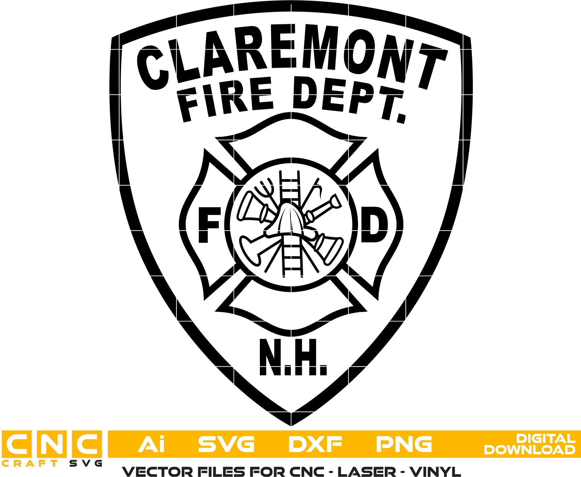 Claremont Fire Dept. Badge Vector art Svg, Dxf, Jpg, Png and Ai files For laser engraving, woodworking, acrylic painting, and all printing machines.