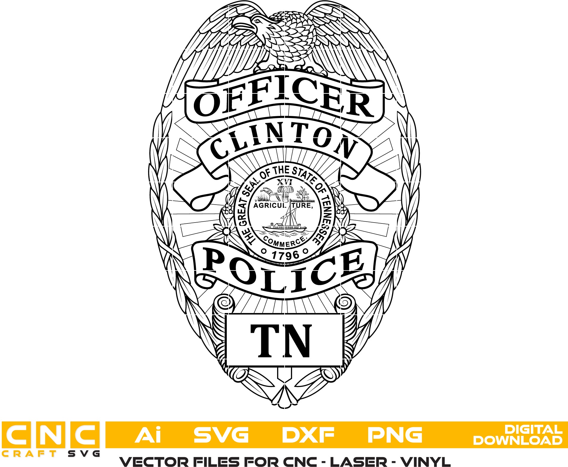 Vintage Police Badge Vector Art - Clinton Tennessee Officer Svg Dxf Png Ai Files