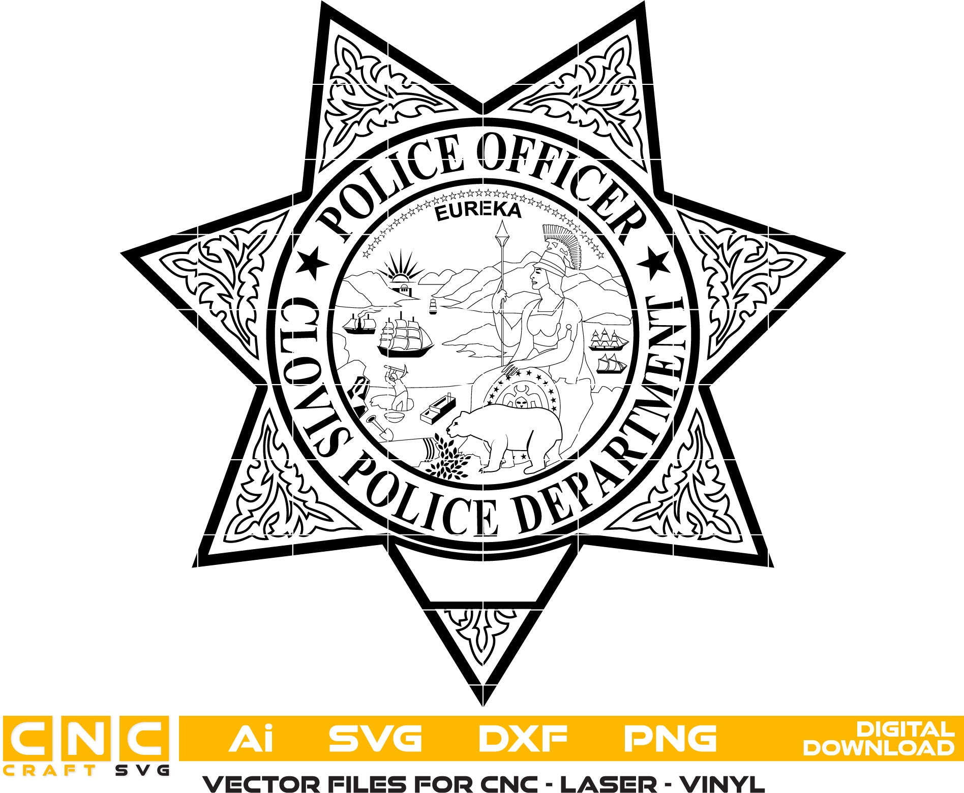 Clovis Police Officer Badge Vector art Svg, Dxf, Jpg, Png and Ai files For laser engraving, woodworking, acrylic painting, and all printing machines.