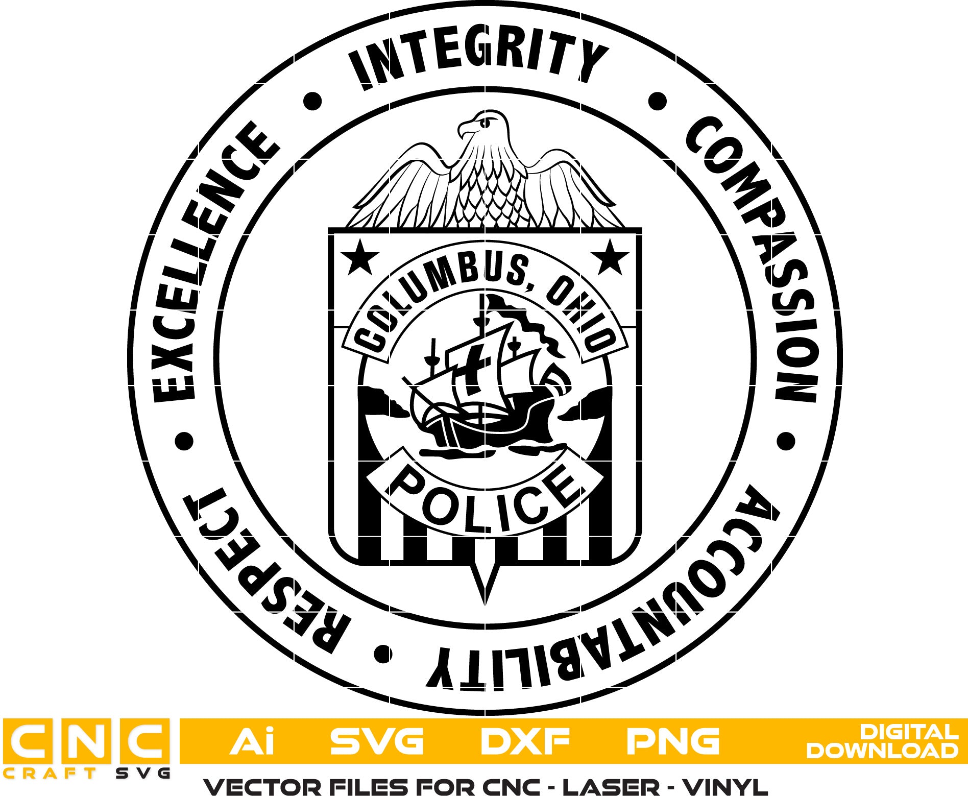 Columbus, Ohio Police Badge Vector art Svg, Dxf, Jpg, Png, and Ai files For laser engraving, woodworking, acrylic painting, and all printing machines.