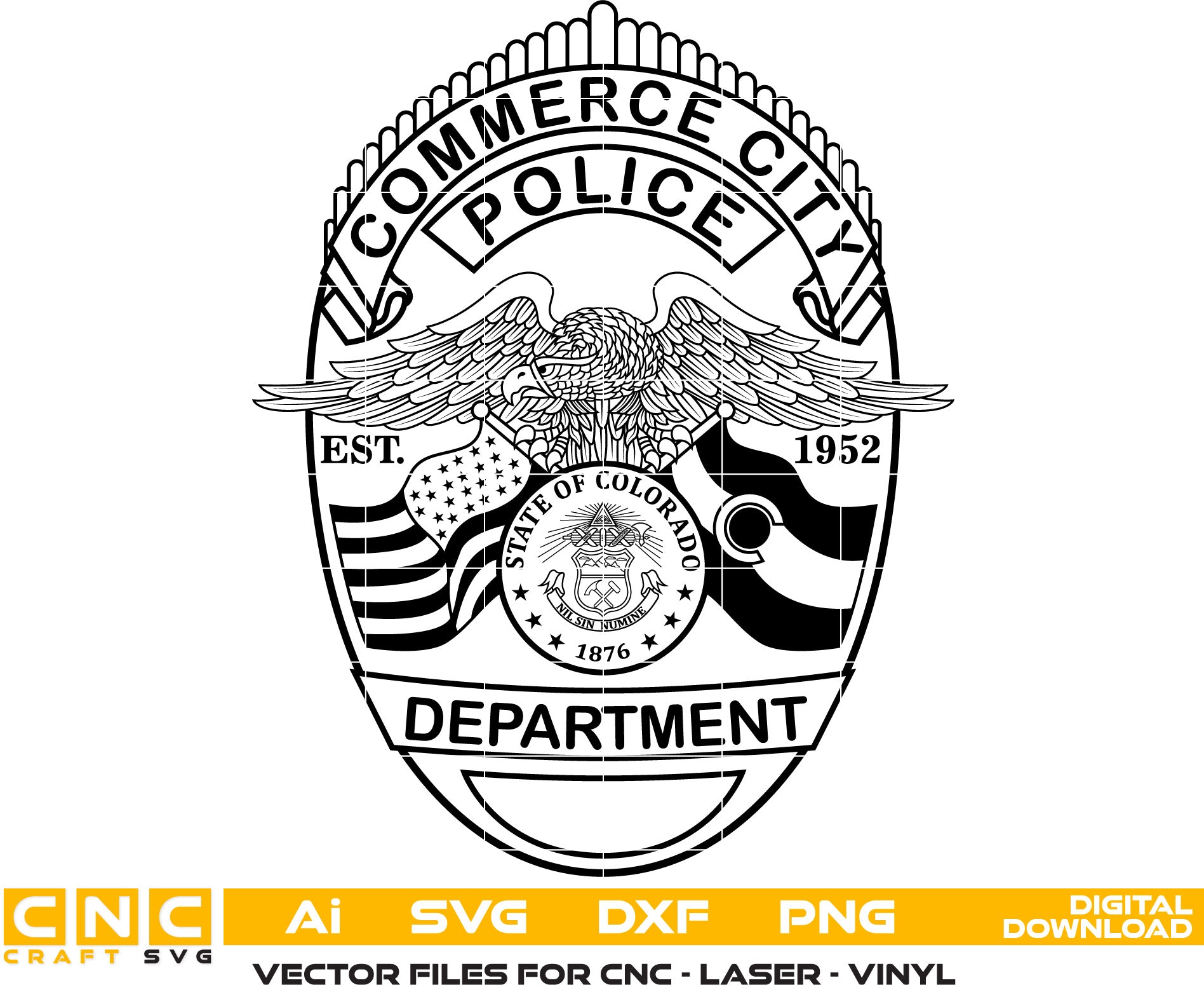Commerce City Police Badge Vector Art, Ai,SVG, DXF, PNG, Digital Files