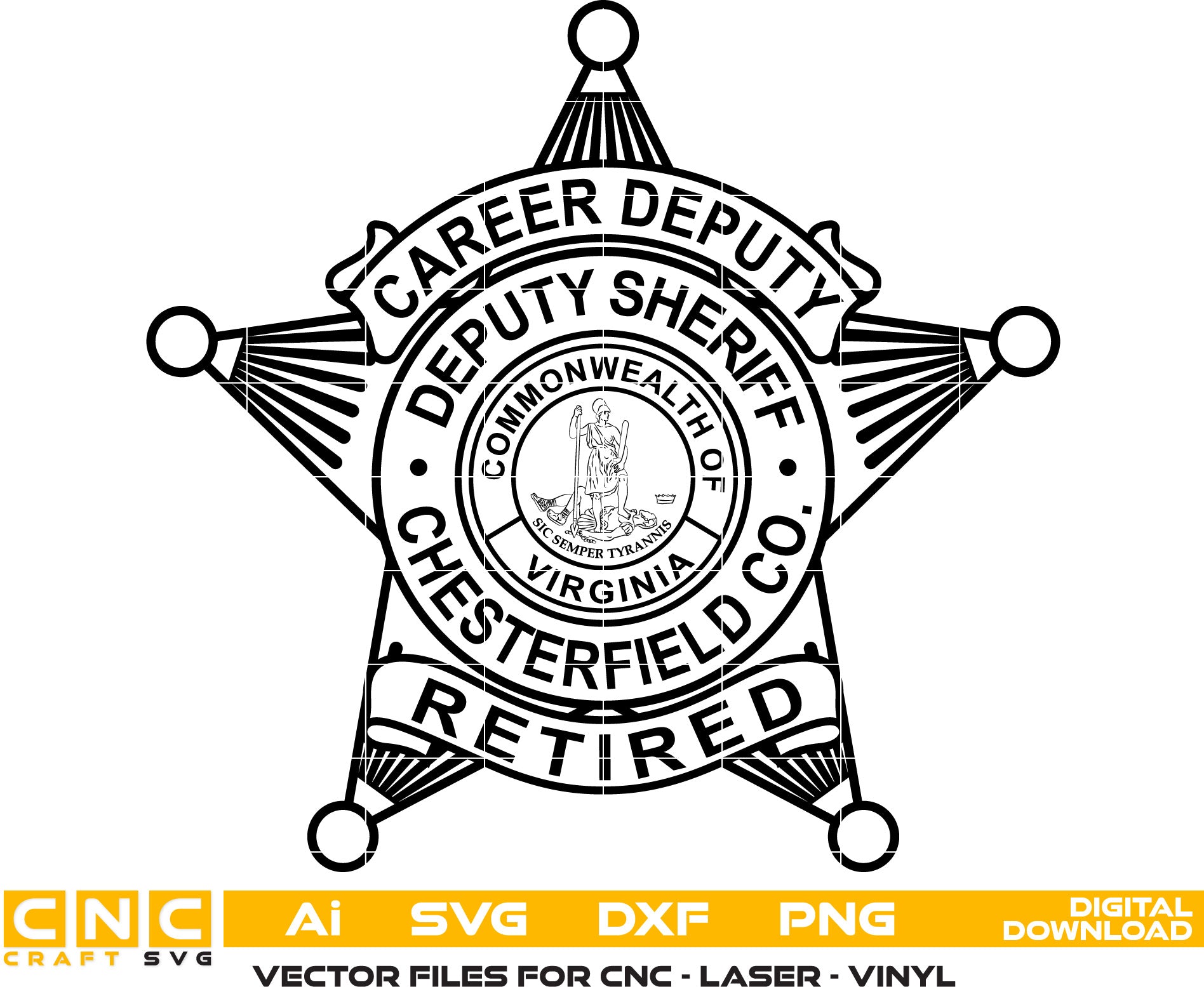 Commonwealth of Virginia Chesterfield Co. Deputy Sheriff Badge Vector art Svg, Dxf, Jpg, Png, and Ai files For laser engraving, woodworking, acrylic painting, and all printing machines.