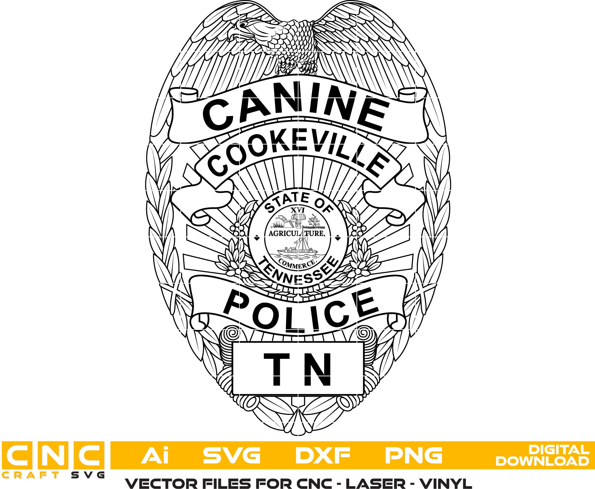 Cookeville Police, Tennessee Canine Police Badge Vector art Svg, Dxf, Jpg, Png and Ai files For laser engraving, woodworking, acrylic painting, and all printing machines.