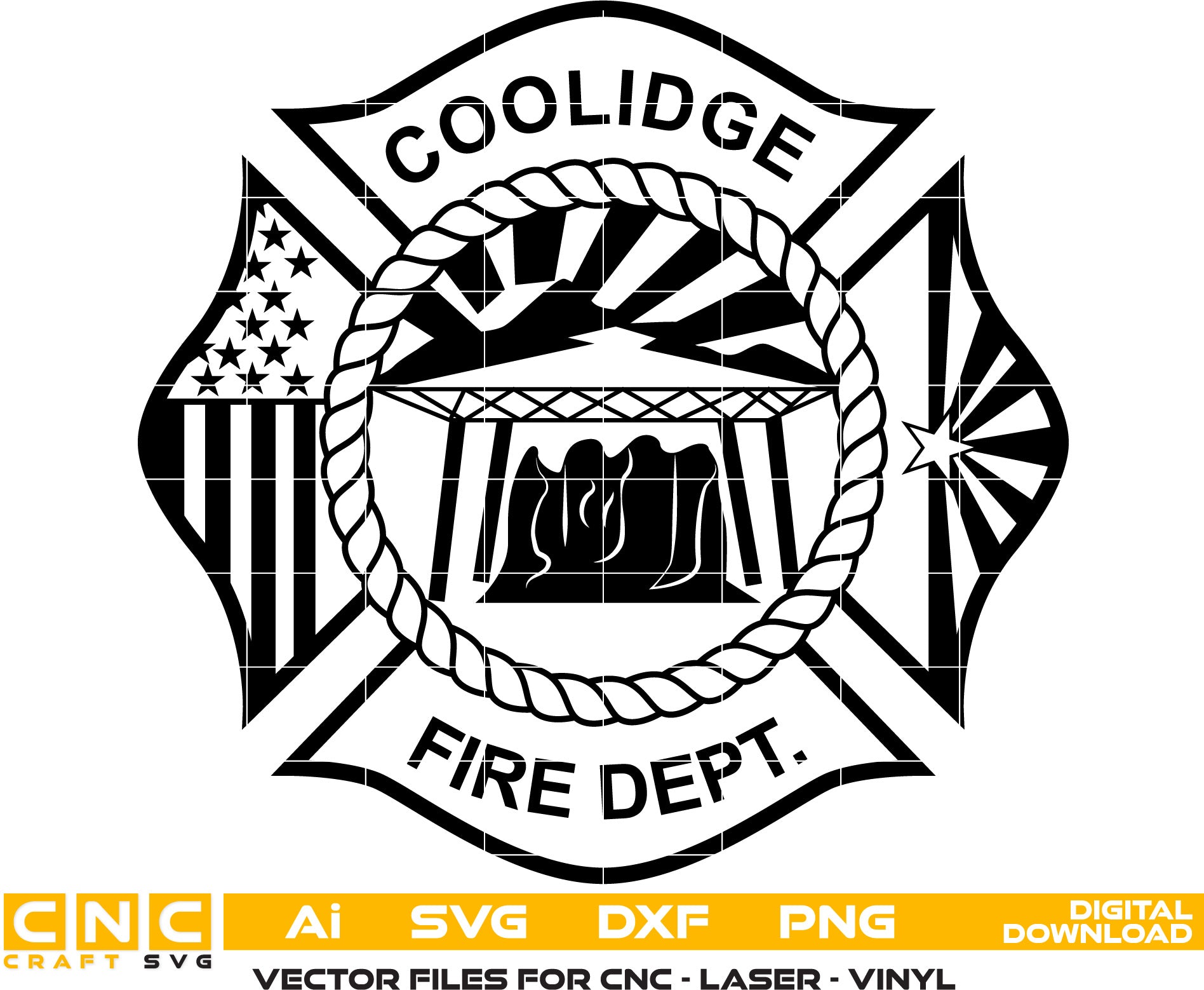 Coolidge Fire Dept Badge Vector Art AI, SVG, DXF, PNG File for Laser engraving, woodworking, acrylic painting, glass etching, and all printing machines