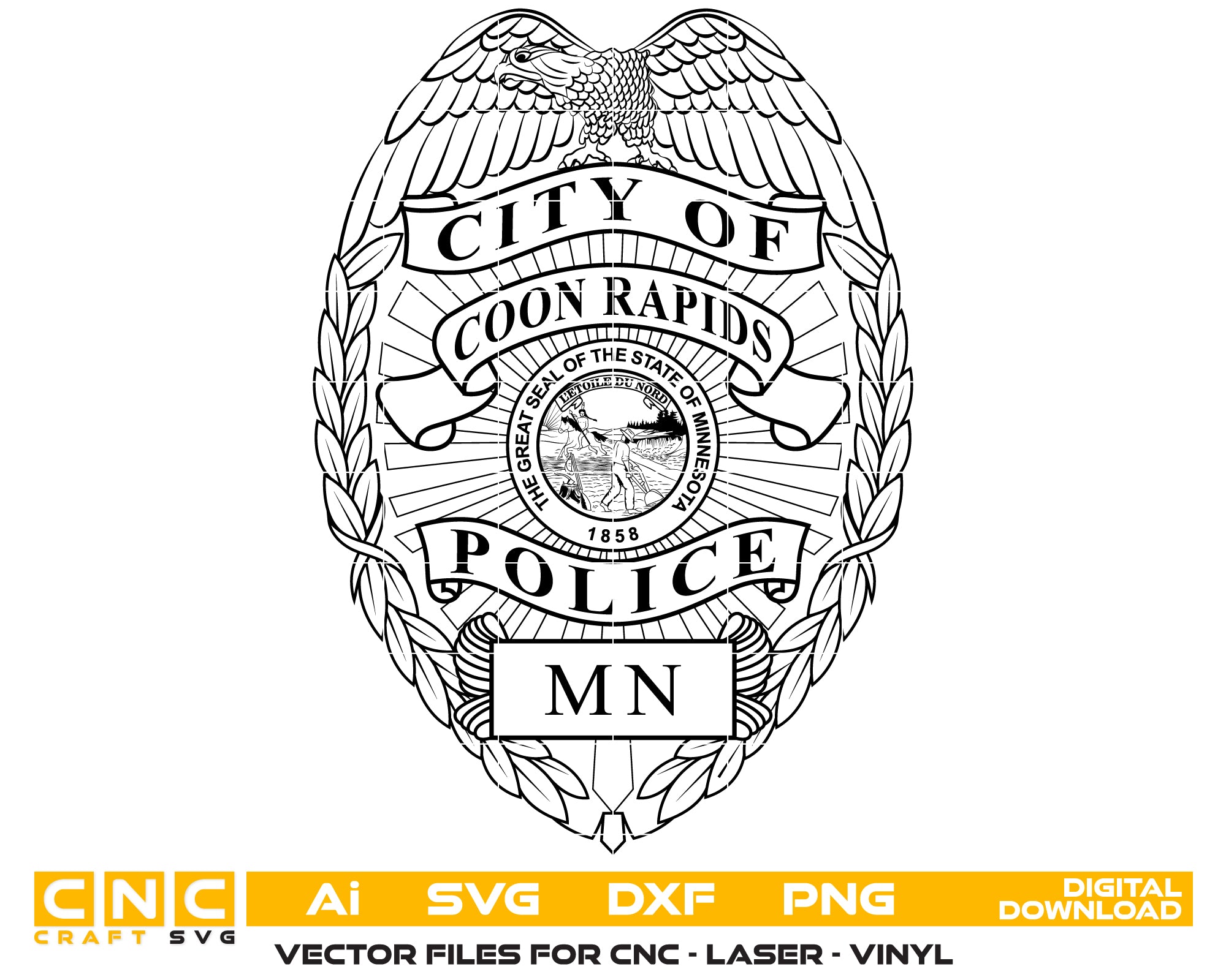 Coon Rapids Police Badge SVG, Minnesota Police Badge Vector, Coon Rapids Law Enforcement Emblem, Police Officer Badge SVG, Coon Rapids PD Badge