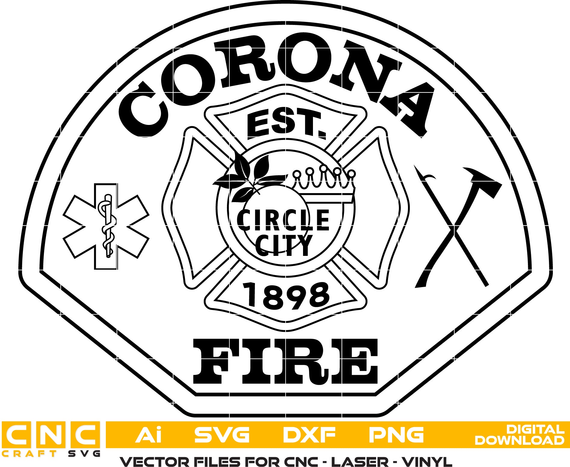 Corona Fire Dept. Badge Vector art Svg, Dxf, Jpg, Png and Ai files For laser engraving, woodworking, acrylic painting, and all printing machines.