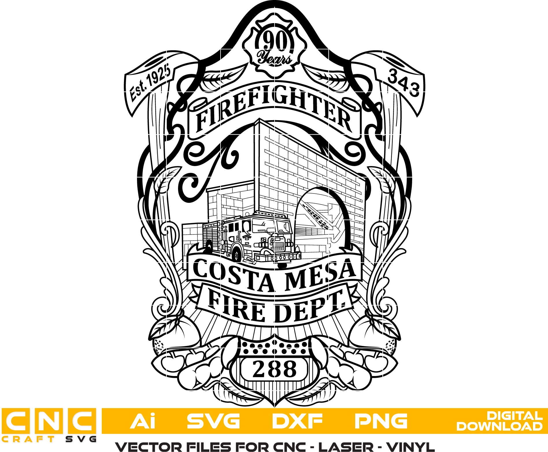 Costa Mesa Fire & Rescue Firefighter Badge Vector art Svg/ Dxf/ Jpg/ Png/ and Ai files For laser engraving/ woodworking/ acrylic painting and all printing machines.