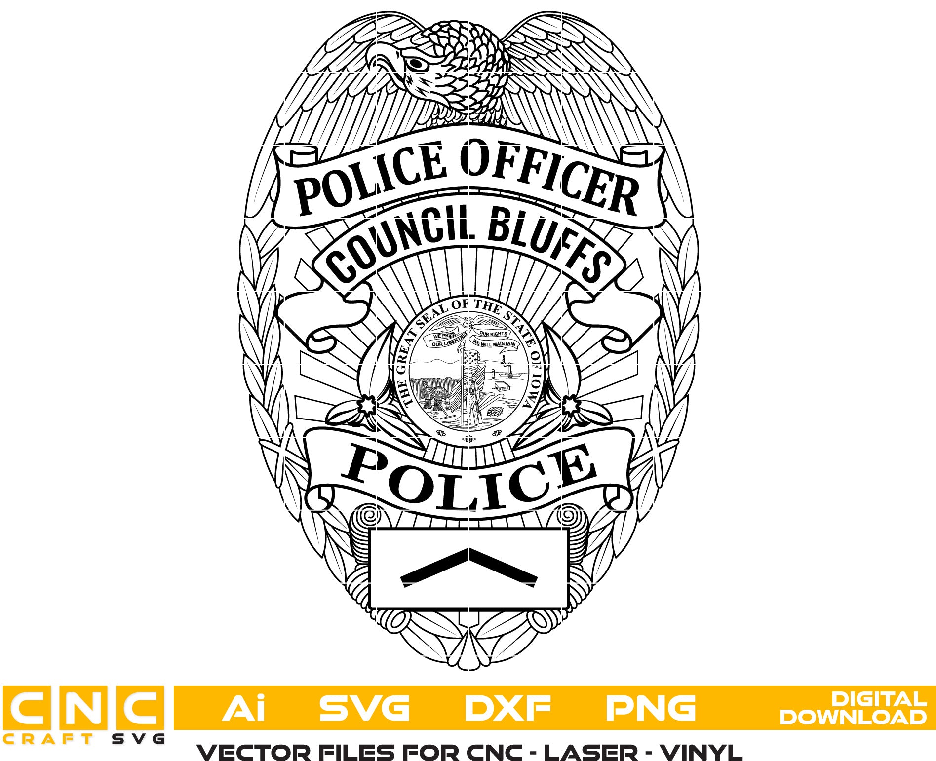 Council Bluffs Iowa Police Officer Badge Vector Art, Ai,SVG, DXF, PNG, Digital Files for Laser Engraving, Woodworking & Printing