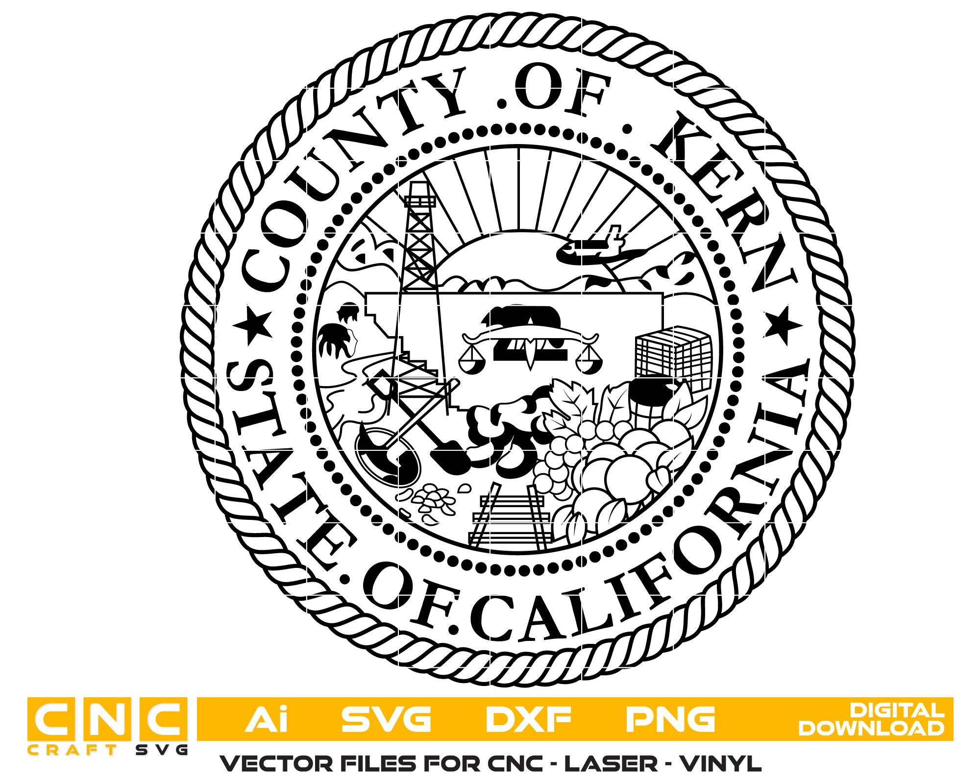 County Of Kern California Seal Vector art Svg, Dxf, Jpg, Png, and Ai files For laser engraving, woodworking, acrylic painting, and all printing machines.