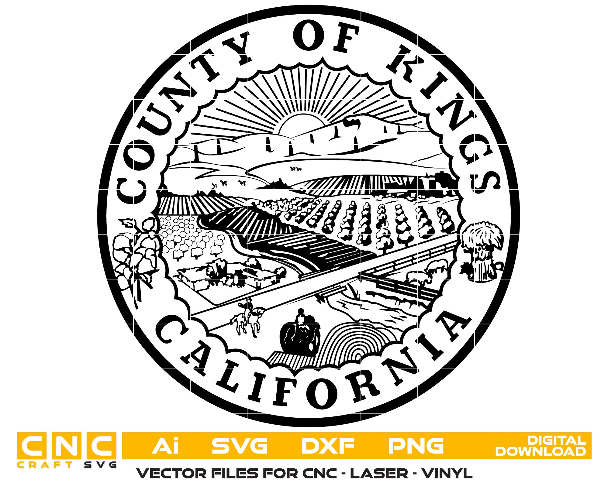 County Of Kings California Seal Vector art Svg, Dxf, Jpg, Png, and Ai files For laser engraving, woodworking, acrylic painting, and all printing machines.