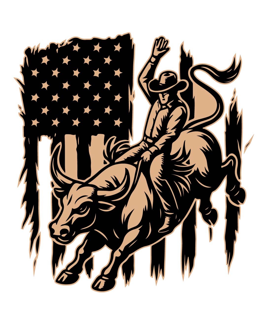 Rodeo rider on a bucking bronco with an American flag in the background