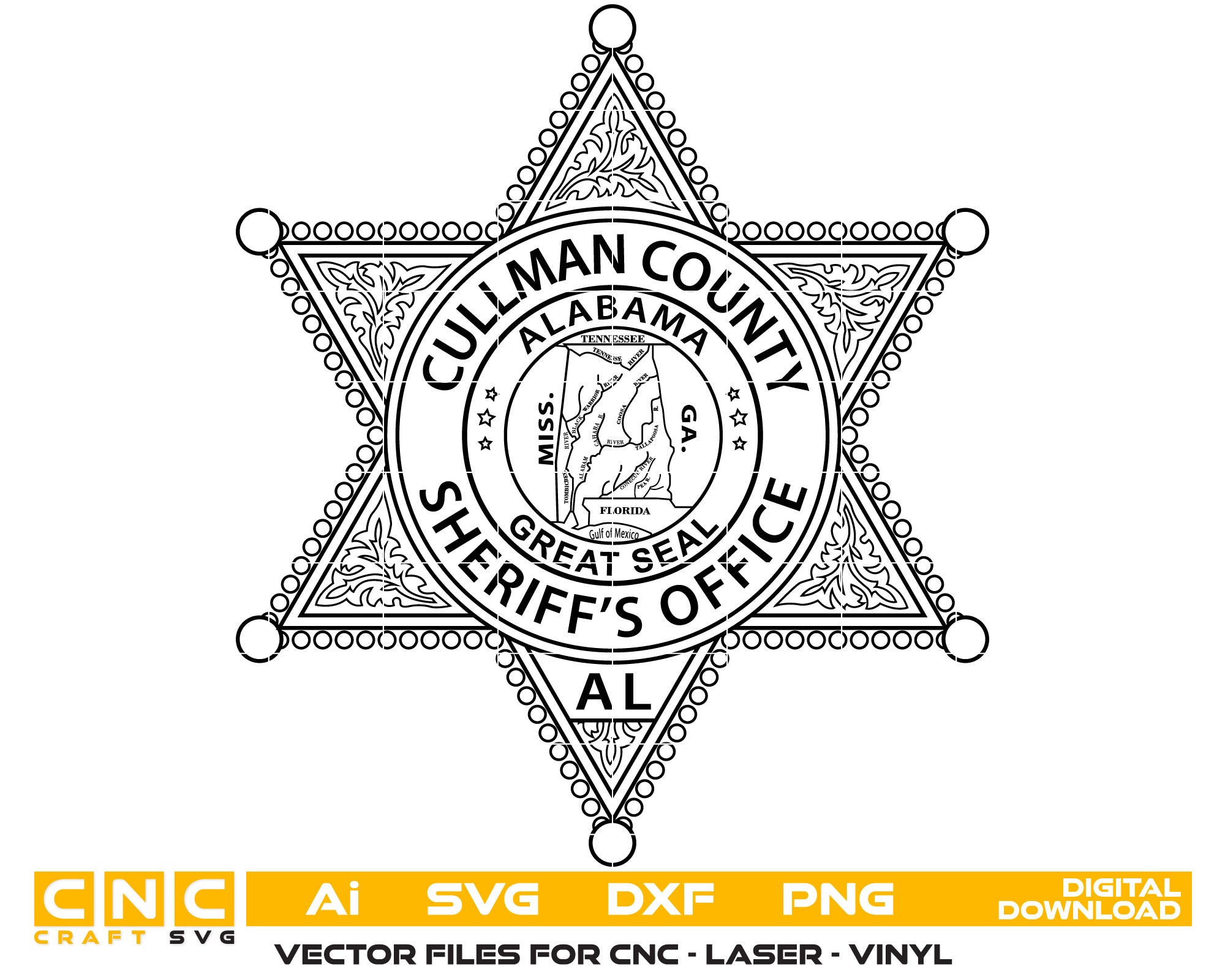 Cullman County Alabama Sheriff Badge Vector Art, Ai,SVG, DXF, PNG, Digital Files