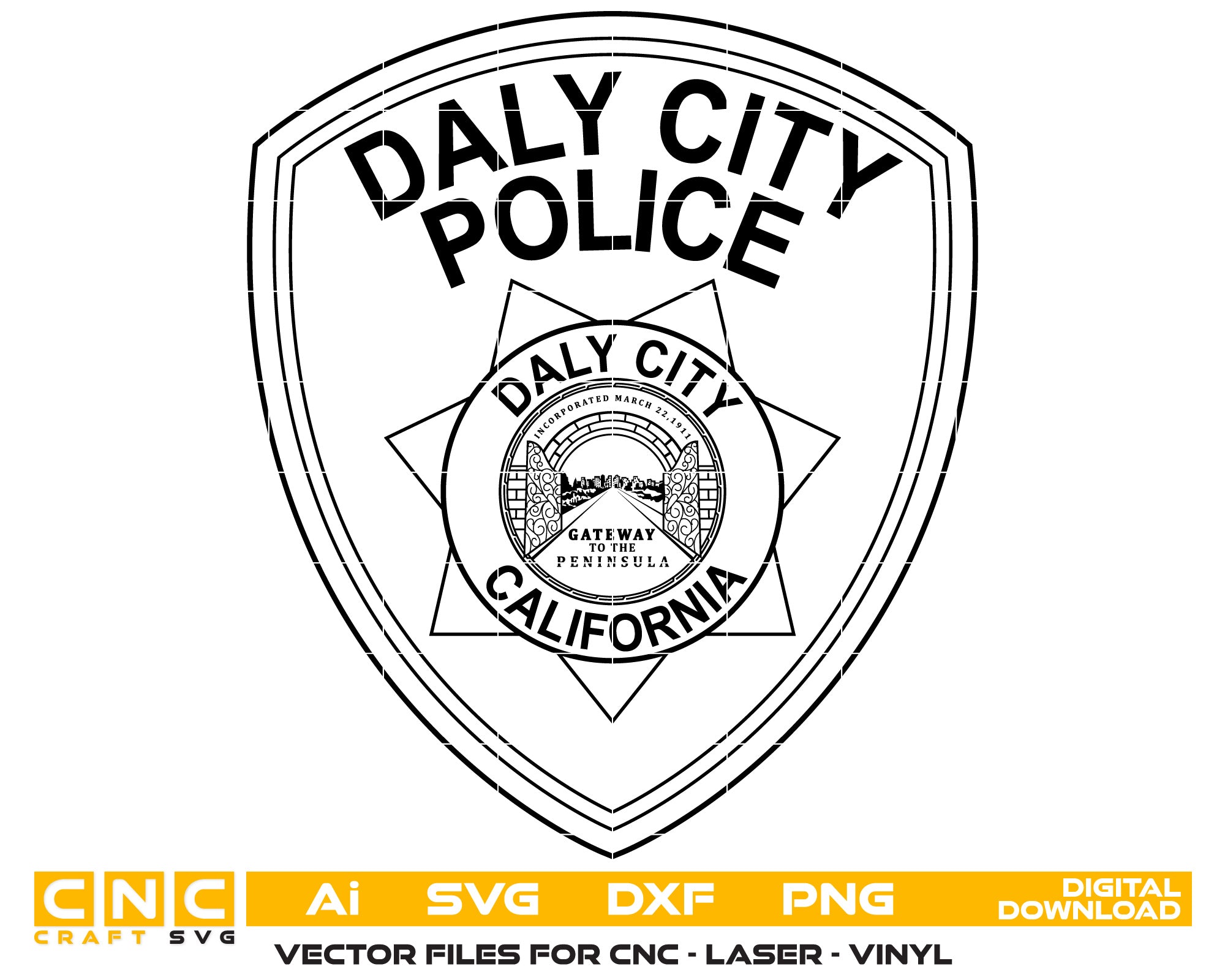 Daly City Police Badge Vector Art, Ai,SVG, DXF, PNG, Digital Files