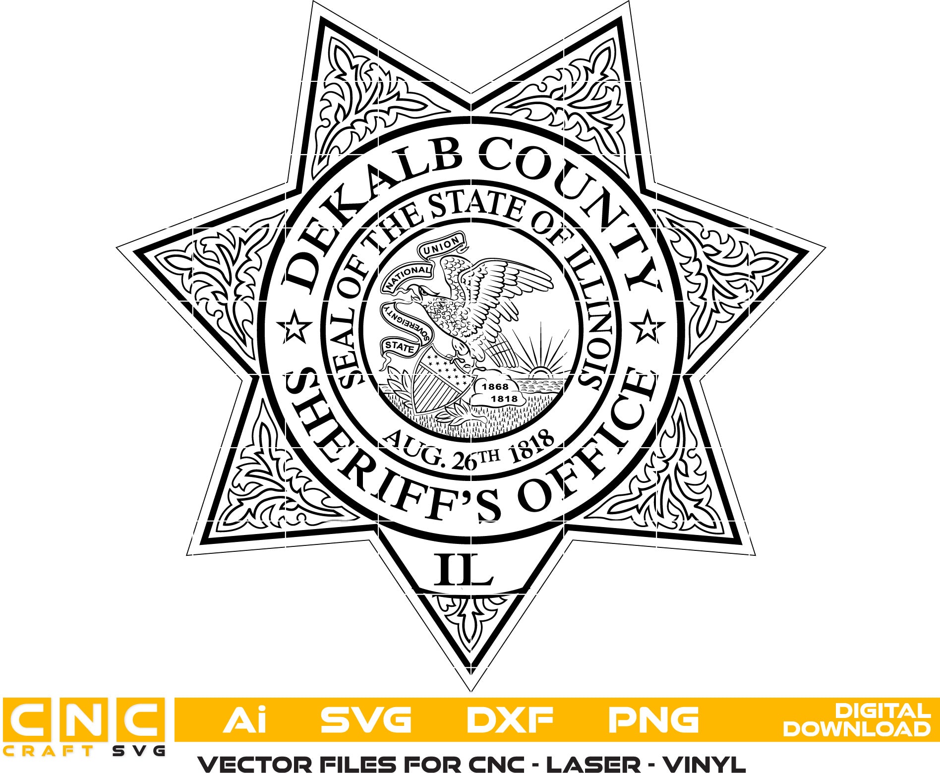 Dekalb County Sheriff Badge Vector Art, Ai,SVG, DXF, PNG, Digital Files for Laser Engraving, Woodworking & Printing