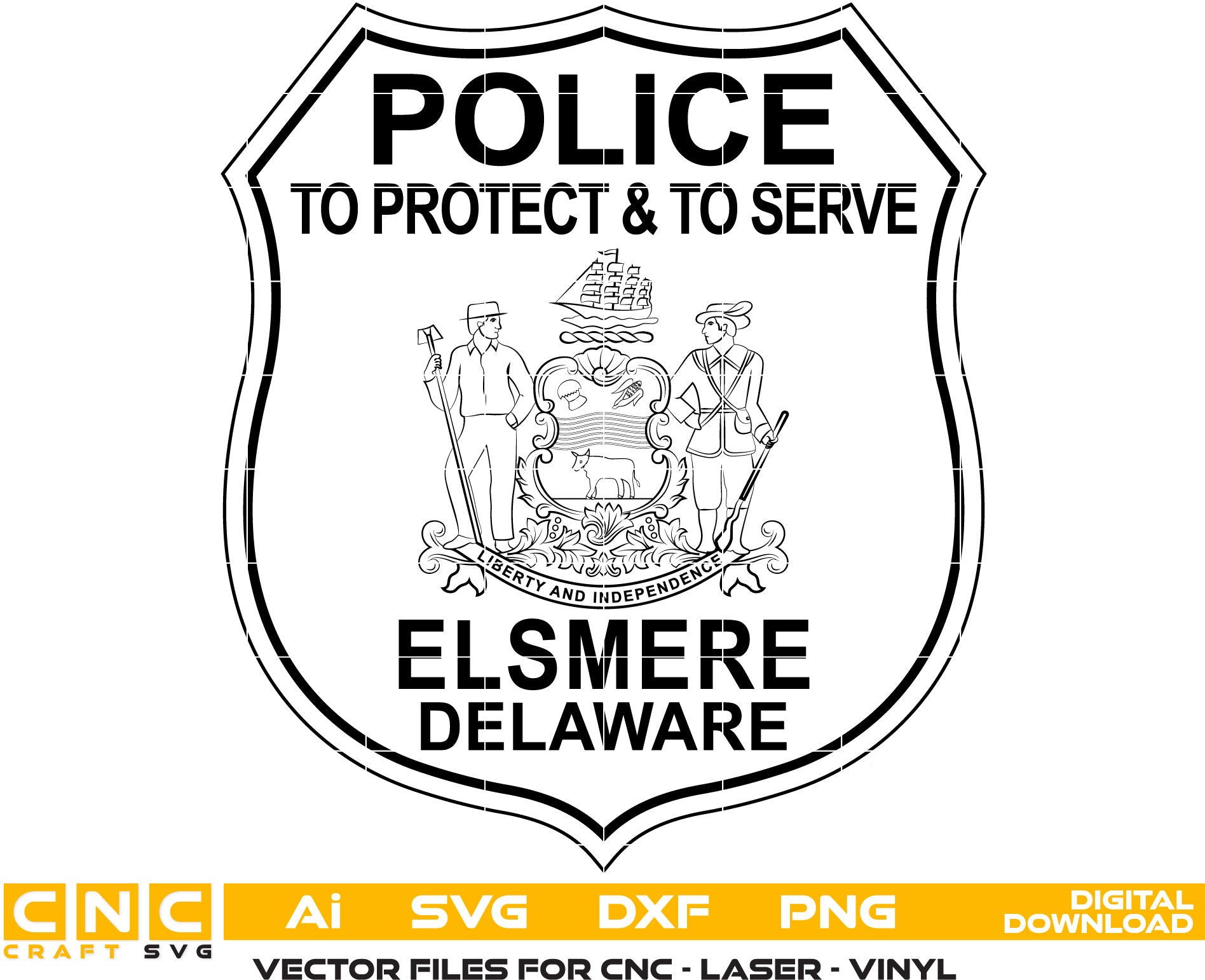 Delaware Elsmere Police Badge Vector Art, Ai,SVG, DXF, PNG, Digital Files for Laser Engraving, Woodworking & Printing