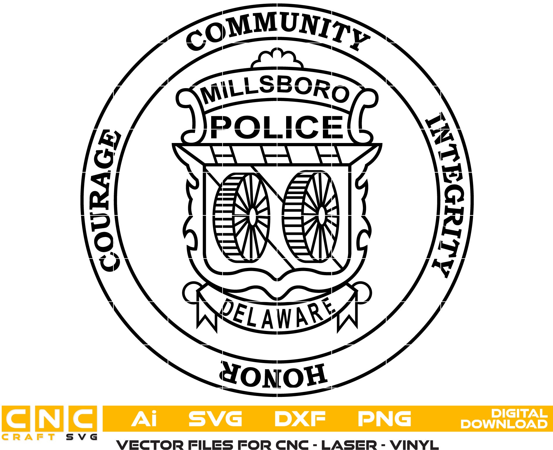 Delaware Millsboro Police Badge Vector Art, Ai,SVG, DXF, PNG, Digital Files for Laser Engraving, Woodworking & Printing