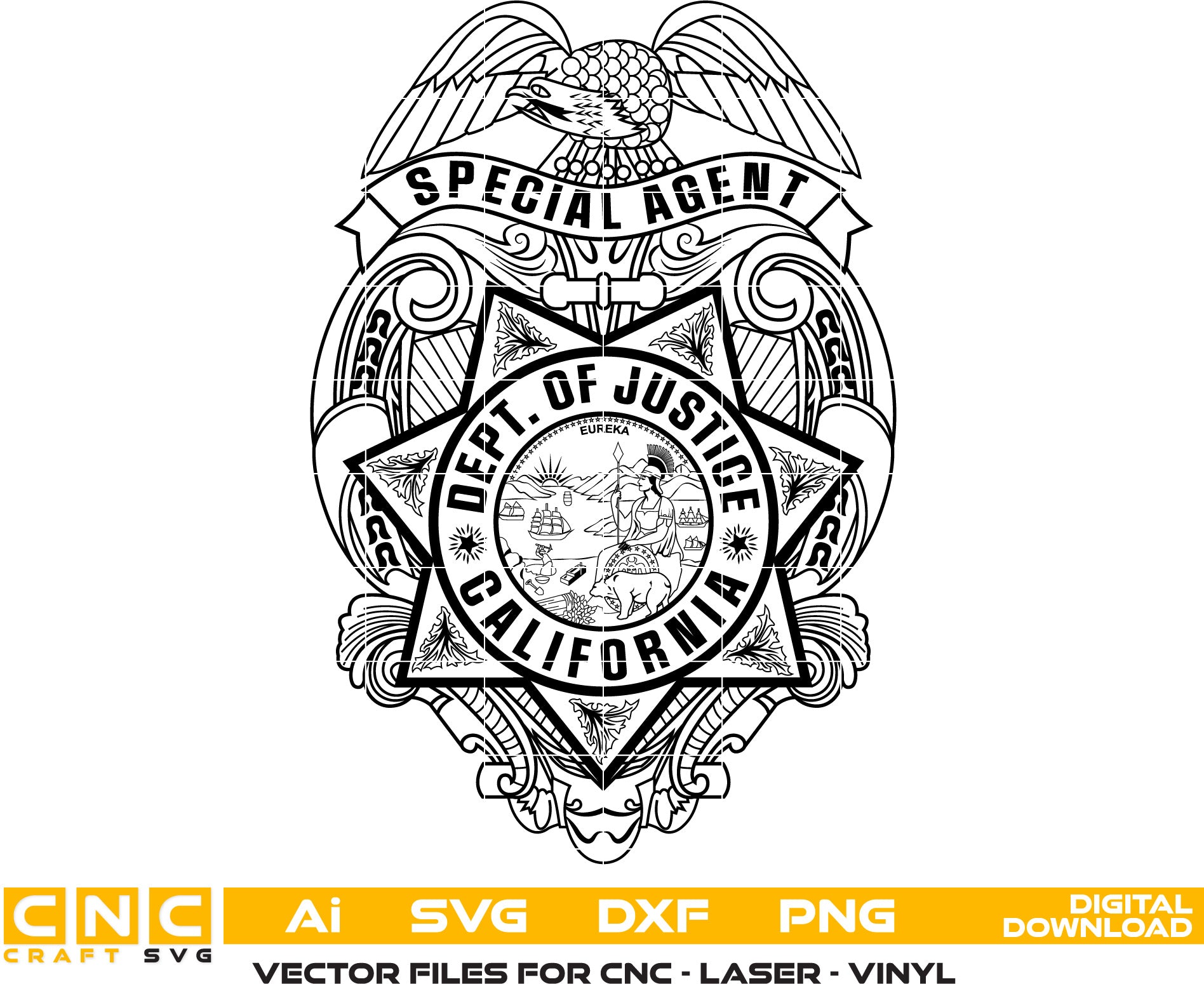 Dept of Justice California Special Agent Badge Vector Art, Ai,SVG, DXF, PNG, Digital Files for Laser Engraving, Woodworking & Printing