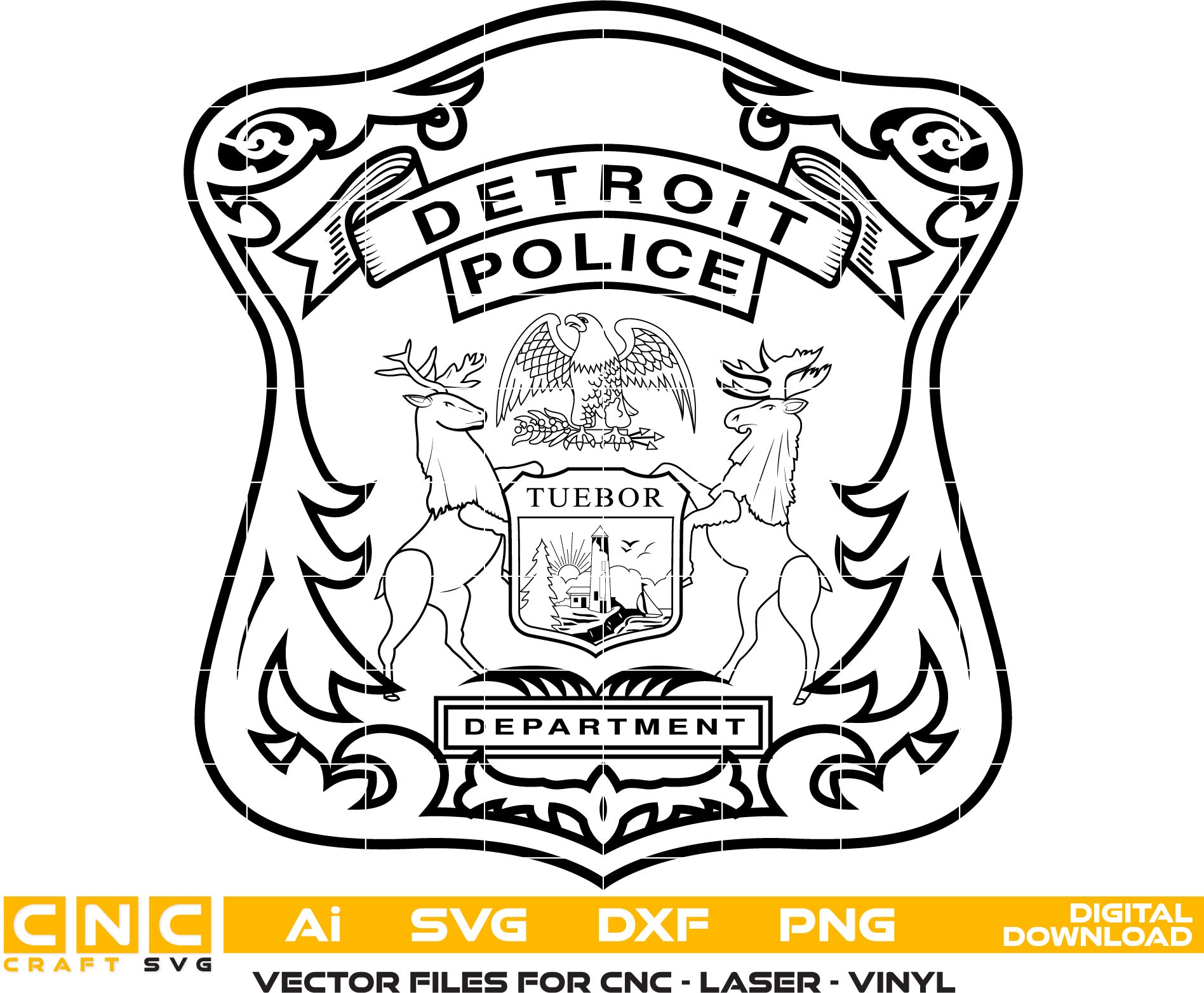 Detroit Police Badge Vector art Svg, Dxf, Jpg, Png, and Ai files For laser engraving, woodworking, acrylic painting, and all printing machines.