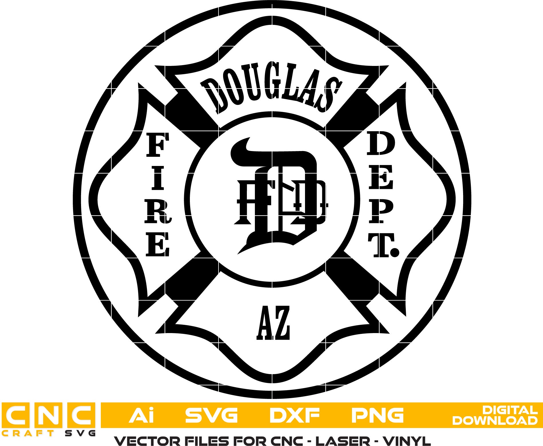 Douglas Fire Dept Badge Vector art Svg, Dxf, Jpg, Png, and Ai files For laser engraving, woodworking, acrylic painting, and all printing machines.