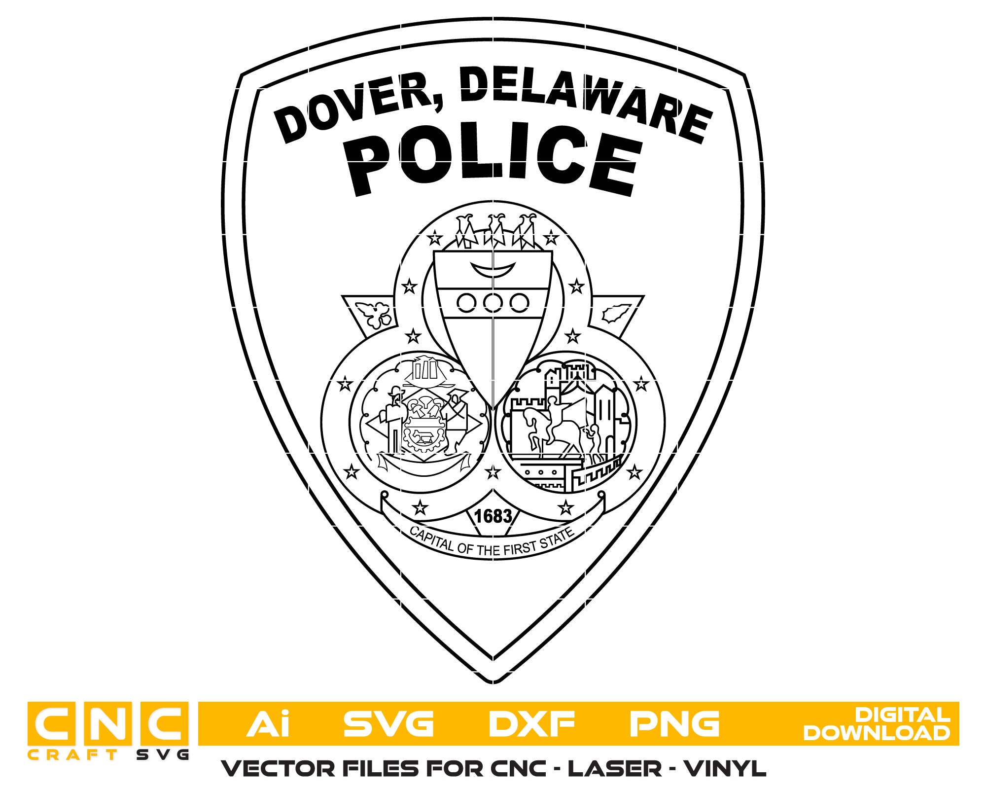 Dover Delaware Police Badge Vector Art, Ai,SVG, DXF, PNG, Digital File