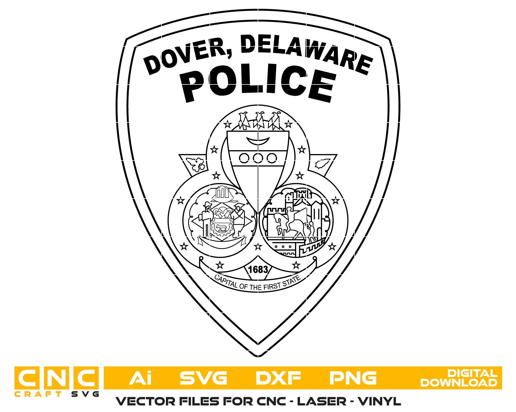 Dover Delaware Police Badge Vector Art, Ai,SVG, DXF, PNG, Digital Files