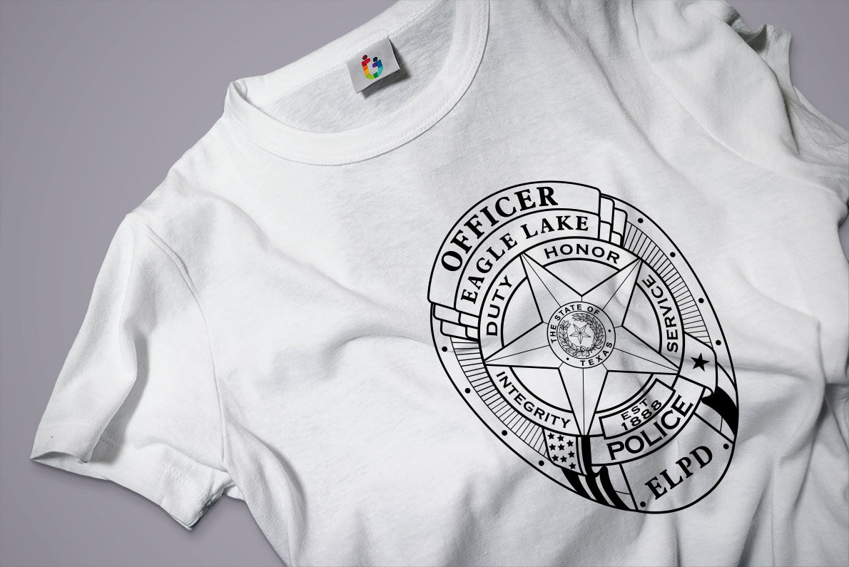 White t-shirt with a black police badge design on a gray background
police officer badge t-shirt print