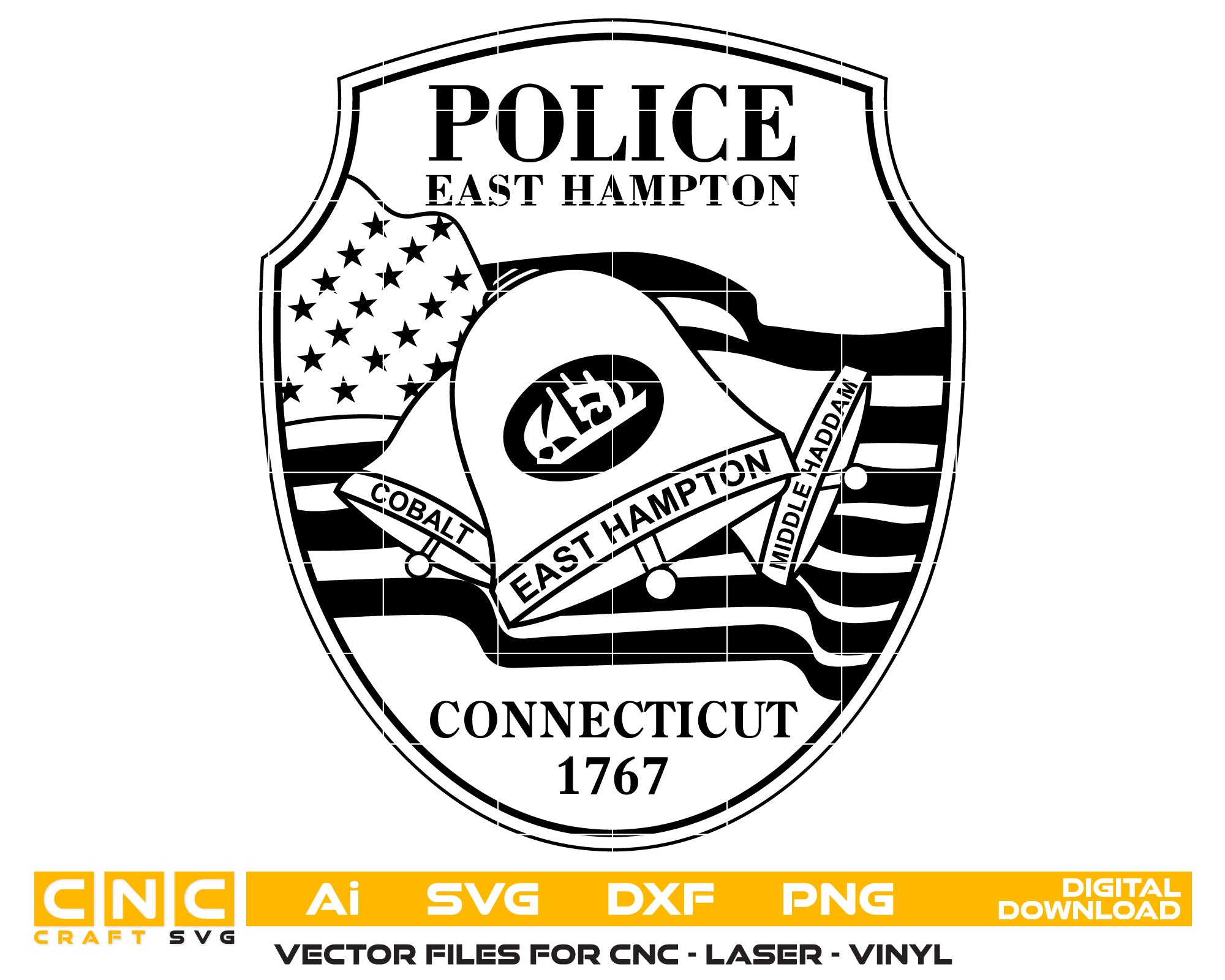East Hampton Police Department Logo SVG digital download, Connecticut police emblem vector design for Cricut, Silhouette, CNC, engraving, and law enforcement crafts.