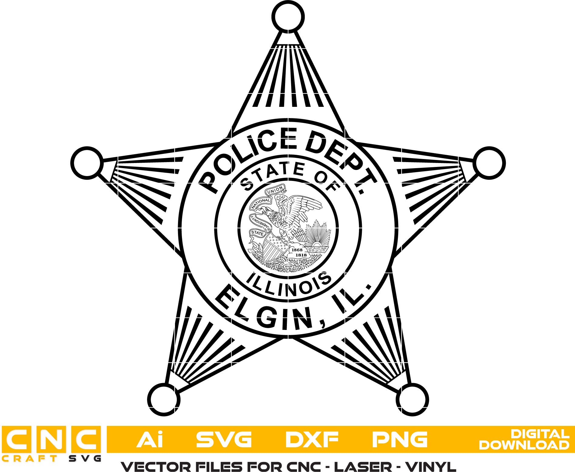 Elgin Illinois Police Badge Vector Art, Ai,SVG, DXF, PNG, Digital Files for Laser Engraving, Woodworking & Printing