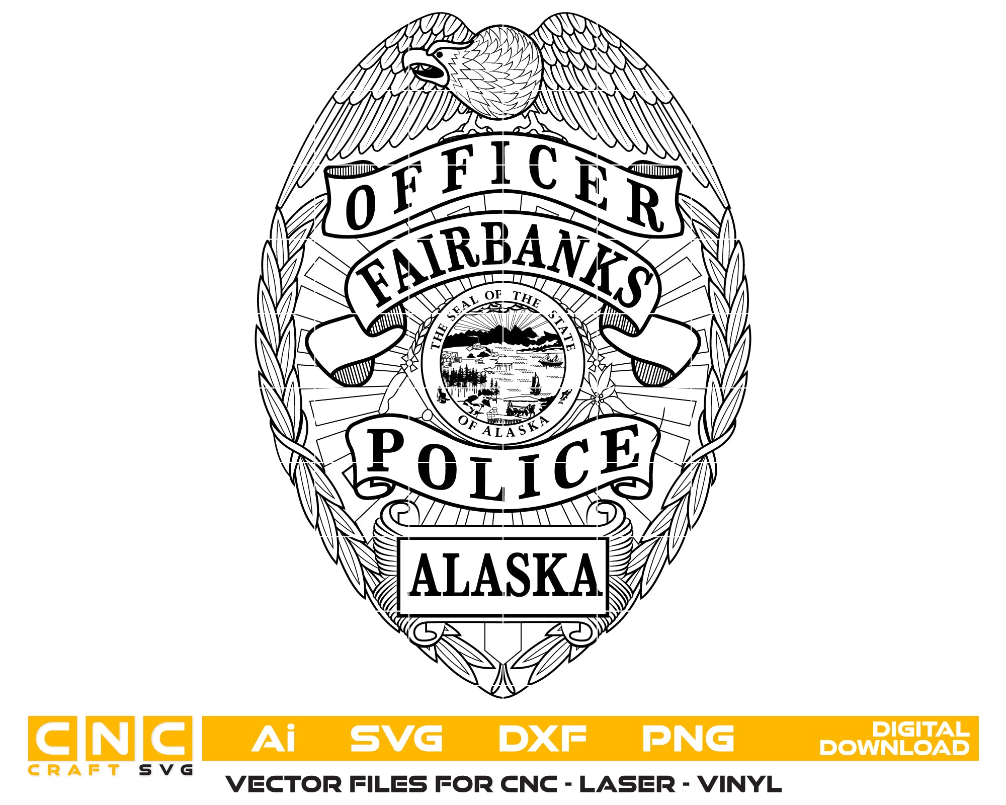 Fairbanks Police Officer Badge SVG, Alaska Police Badge Vector, Fairbanks Police Department Badge, Law Enforcement Badge SVG, Alaska Police Officer Badge Vector