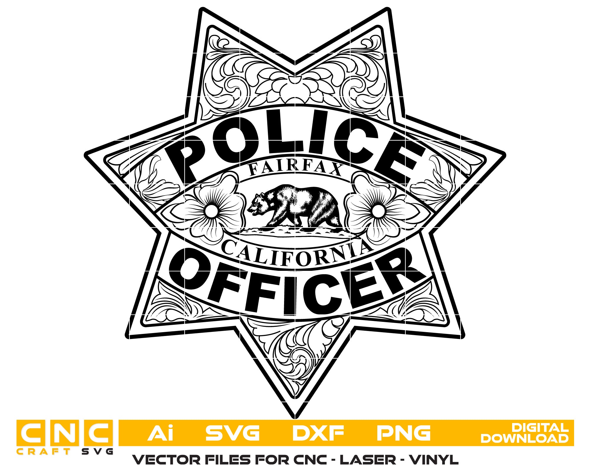 Fairfax Police Officer Badge Vector Art, Ai,SVG, DXF, PNG, Digital Files