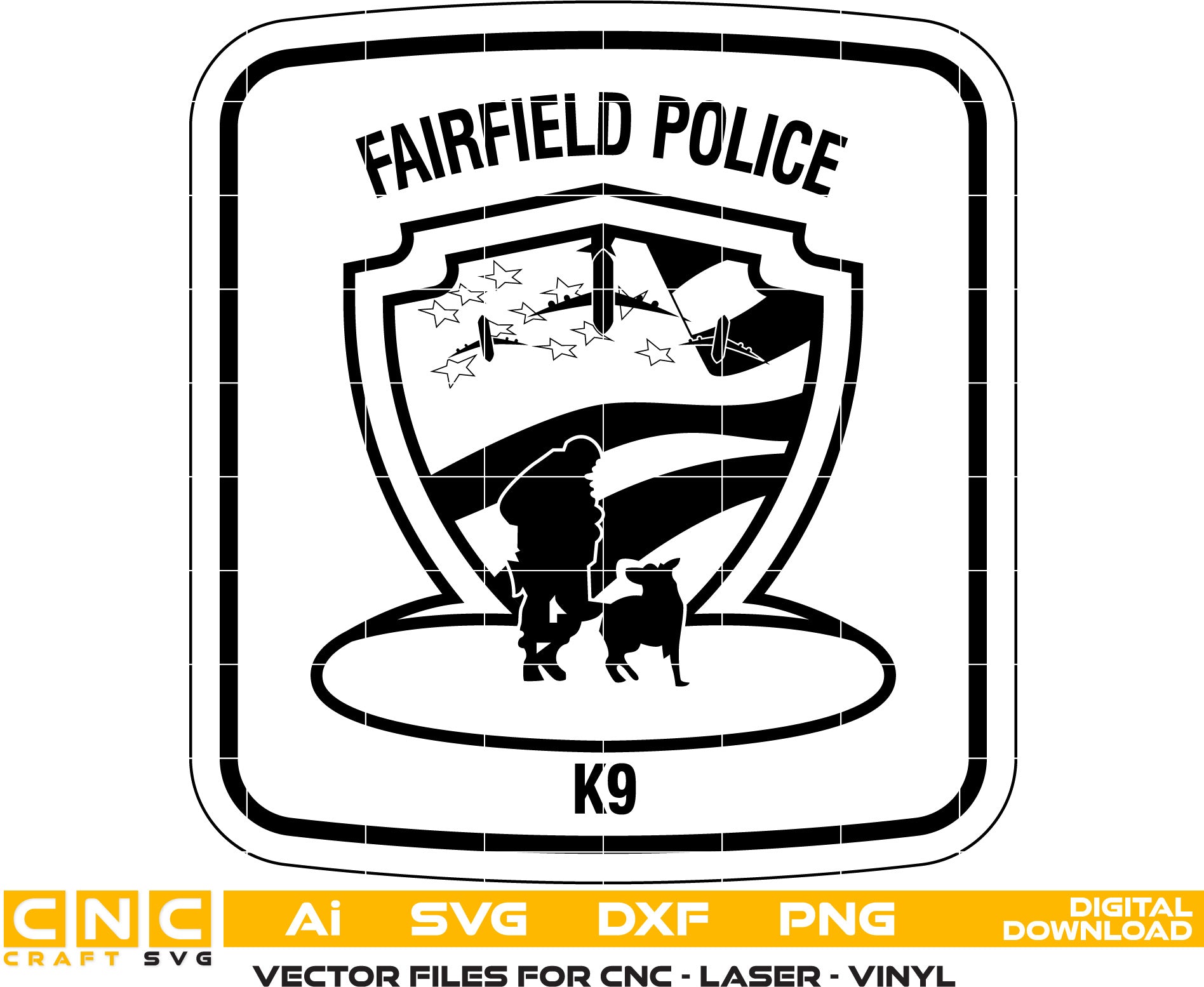 Fairfield Police K9 Badge Vector art Svg, Dxf, Jpg, Png and Ai files For laser engraving, woodworking, acrylic painting, and all printing machines.