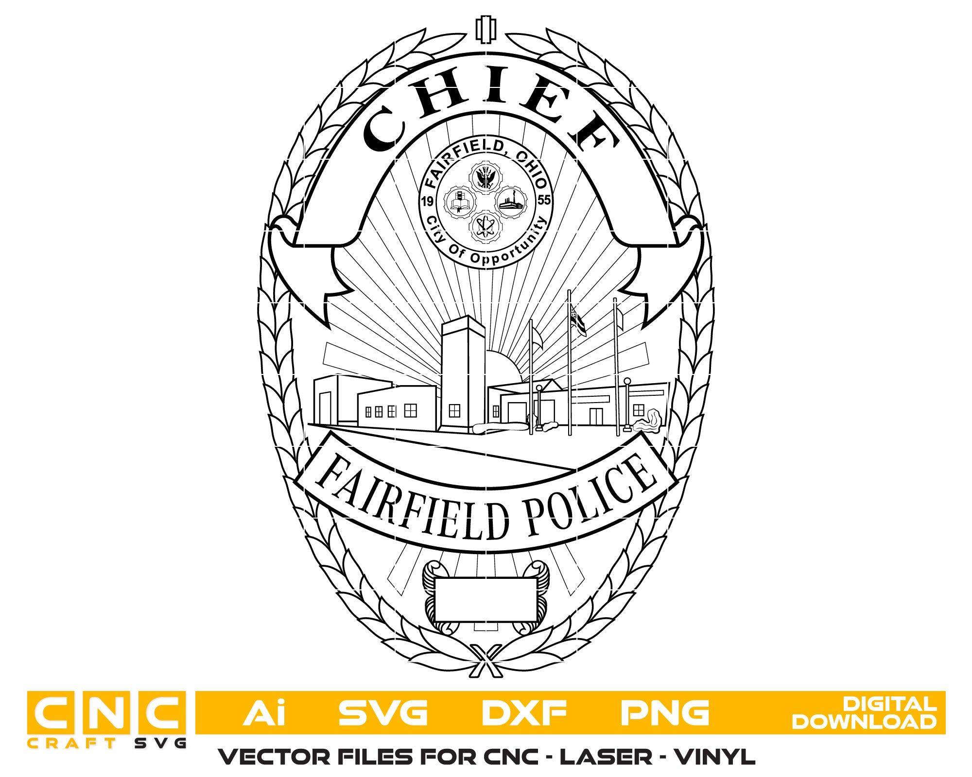 Fairfield Police Chief Badge Ohio SVG, Fairfield OH Police Emblem Vector, Ohio Police Chief Badge SVG, Fairfield Police Chief Logo, Fairfield Law Enforcement Badge