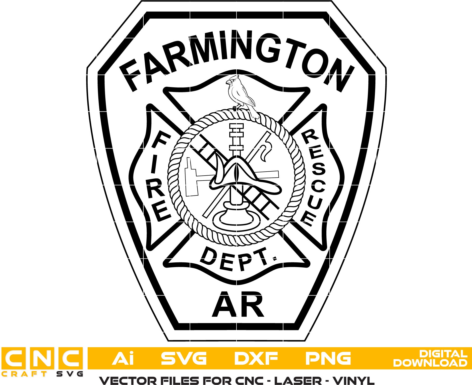 Farmington Fire & Rescue Dept Badge Vector Art, Ai,SVG, DXF, PNG, Digital Files for Laser Engraving, Woodworking & Printing