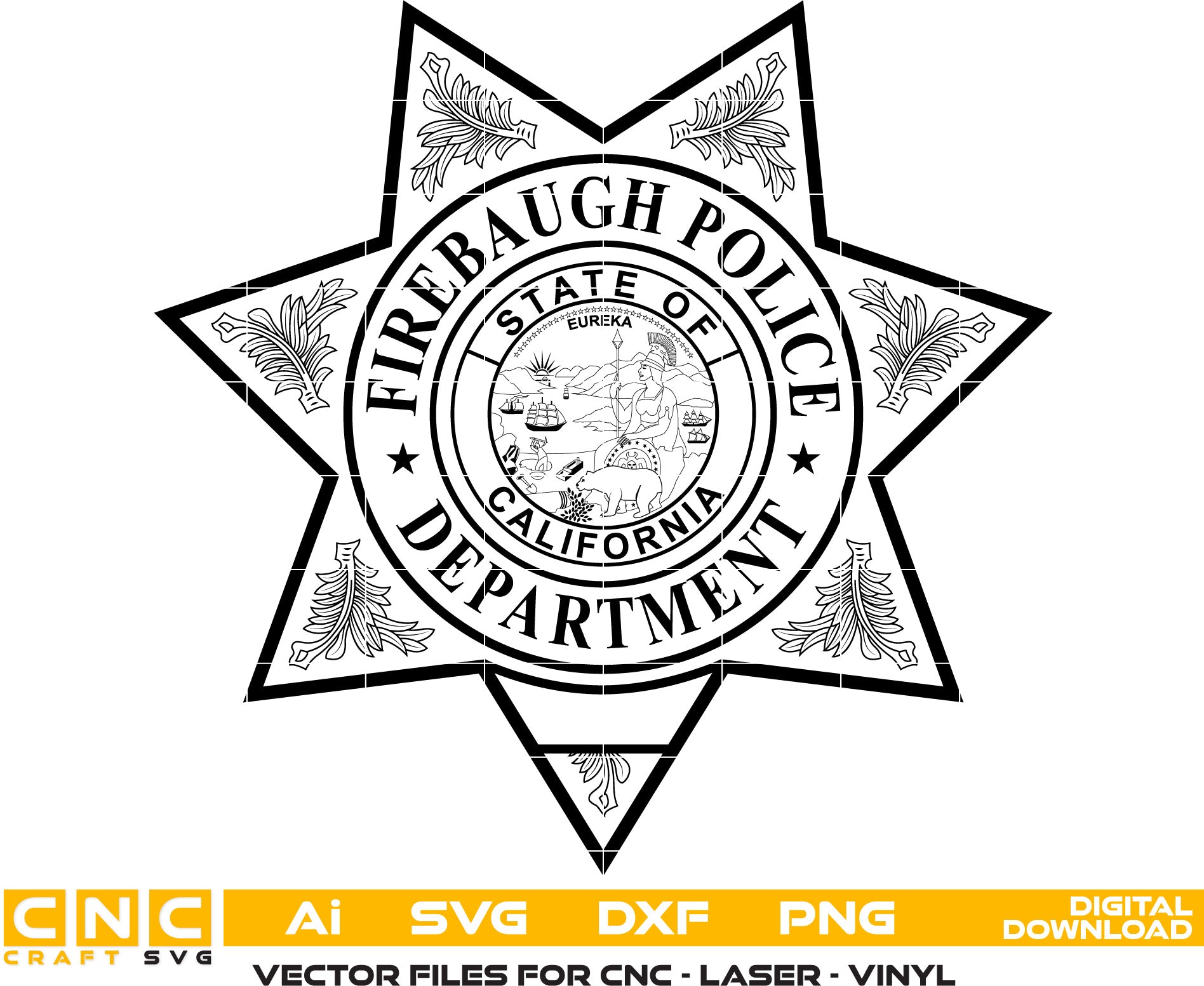 Firebaugh Police Badge, California Police Badge Vector art Svg, Dxf, Jpg, Png and Ai files For laser engraving, woodworking, acrylic painting, and all printing machines.