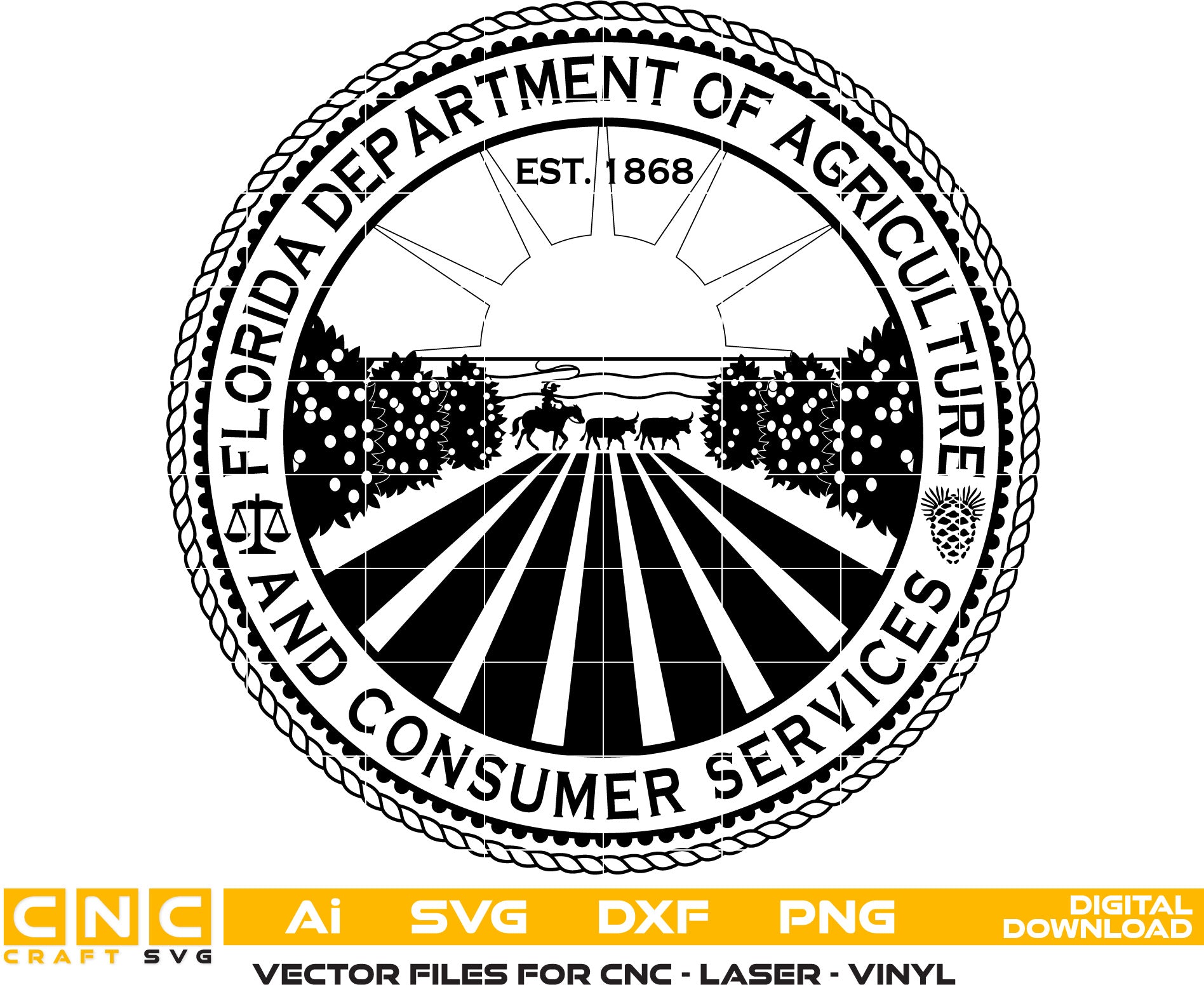 Florida Department Of Agriculture Seal Vector art Svg, Dxf, Jpg, Png, and Ai files For laser engraving, woodworking, acrylic painting, and all printing machines.